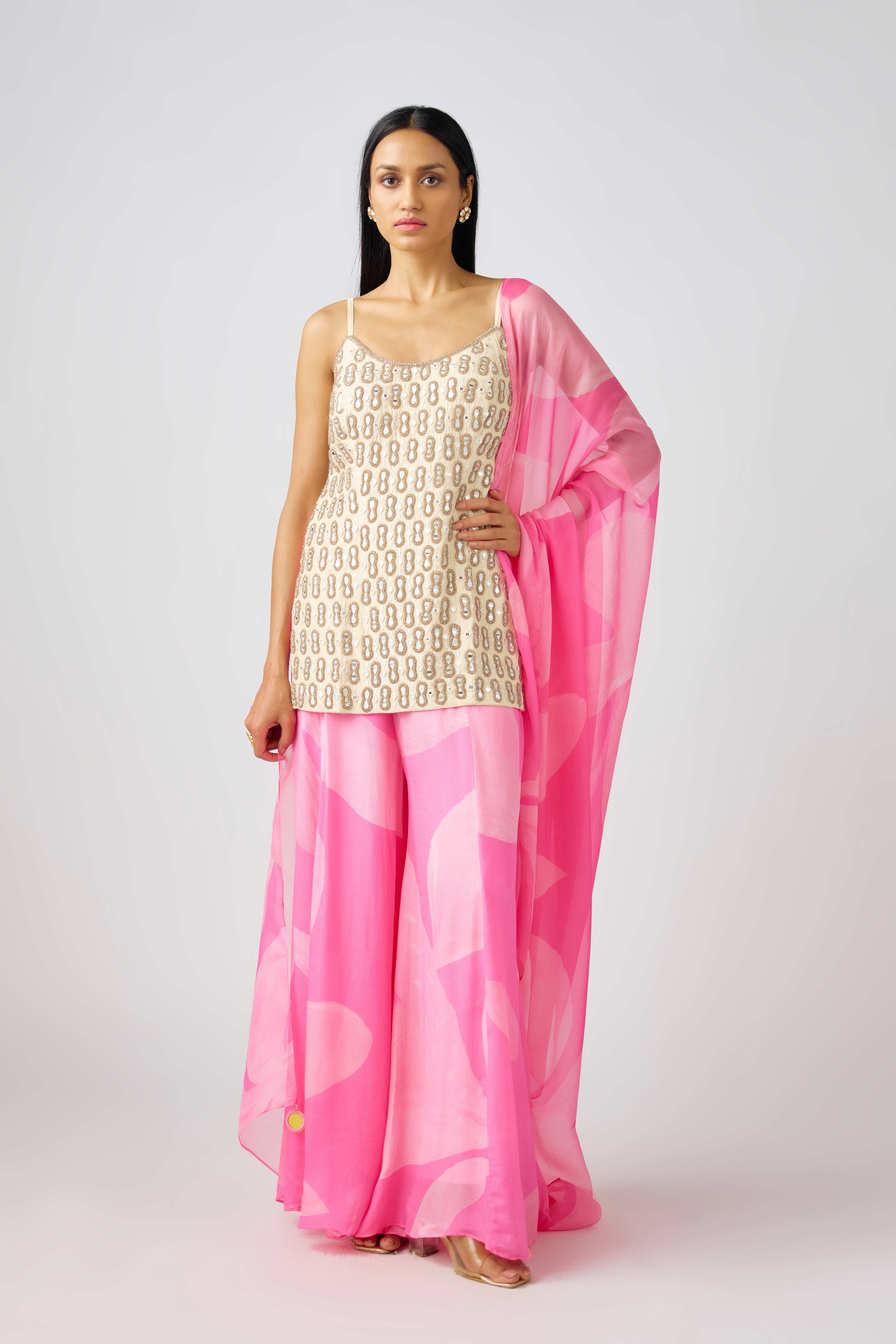 Pink Silk Embroidered Sharara Set  Mokshaa