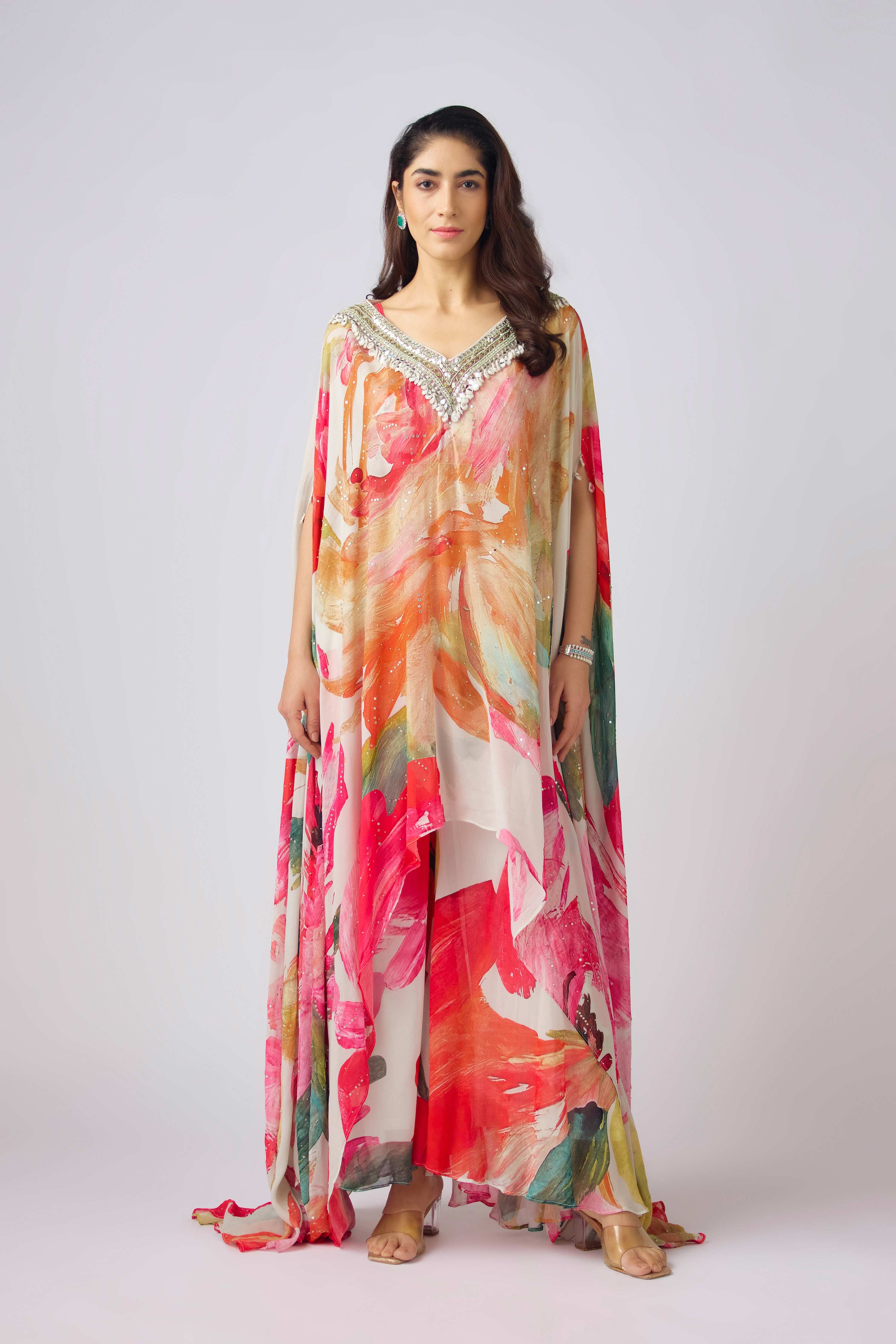 Multi Georgette Embroidered Floral Kaftan Set  Mokshaa