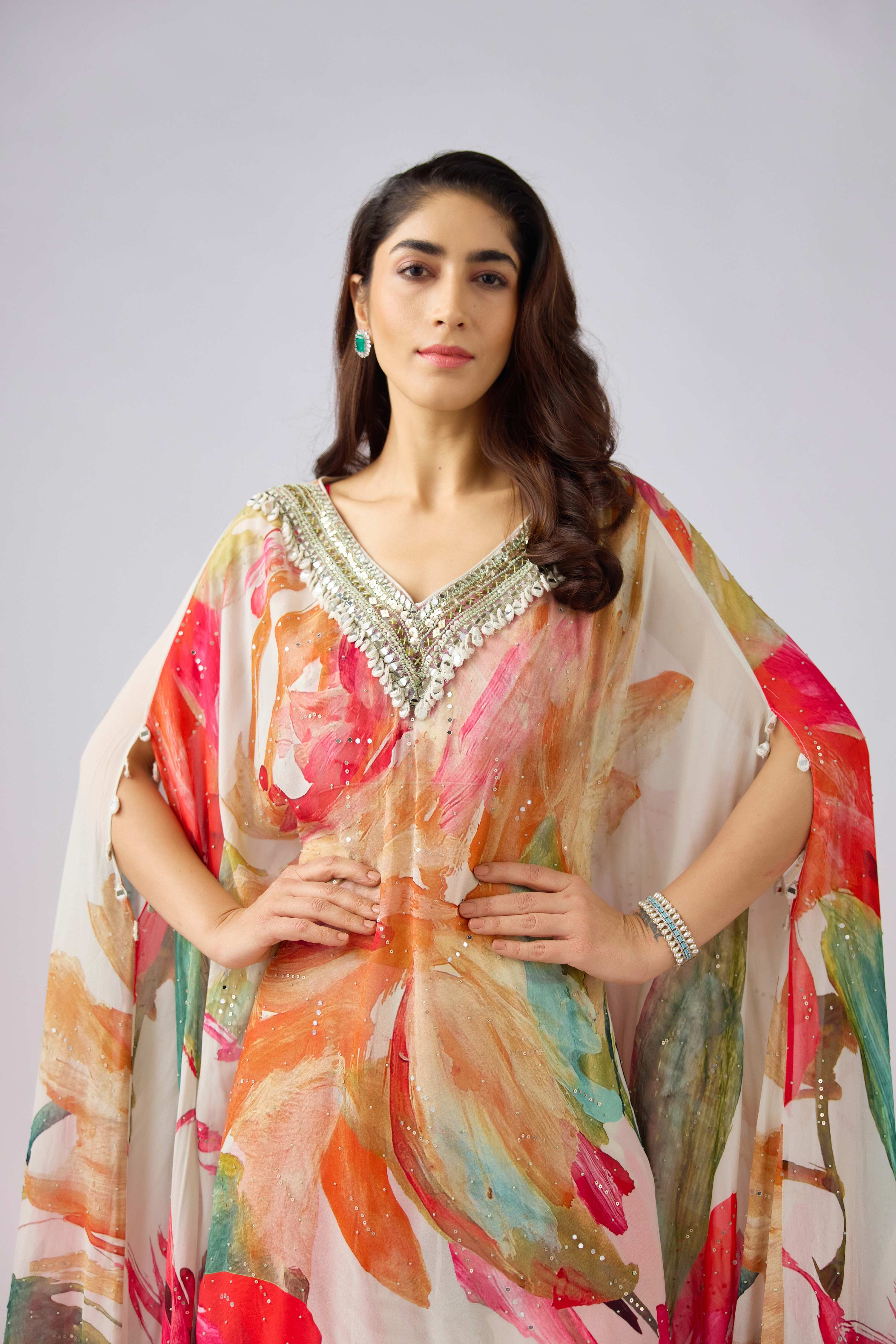 Multi Georgette Embroidered Floral Kaftan Set  Mokshaa