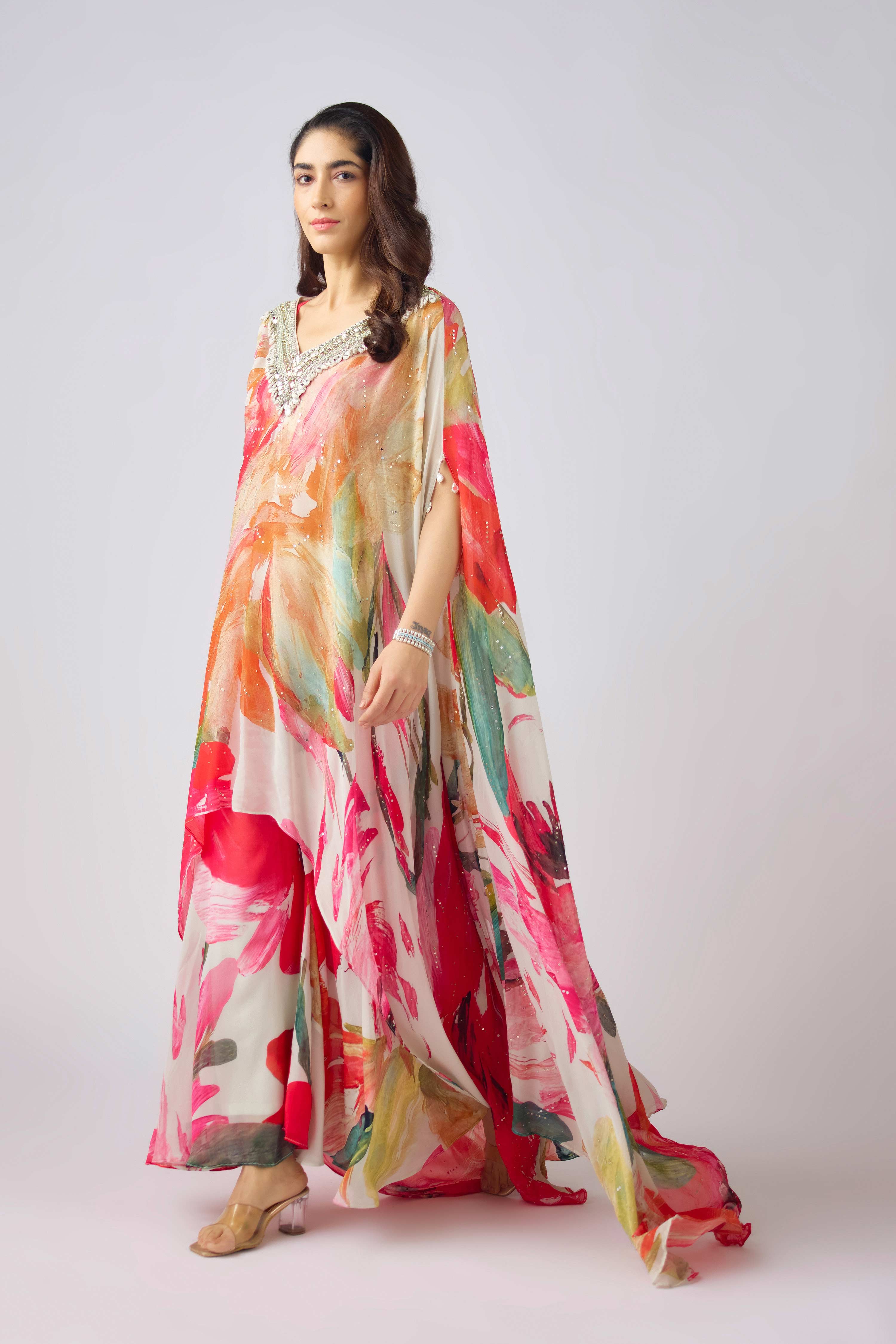 Multi Georgette Embroidered Floral Kaftan Set  Mokshaa