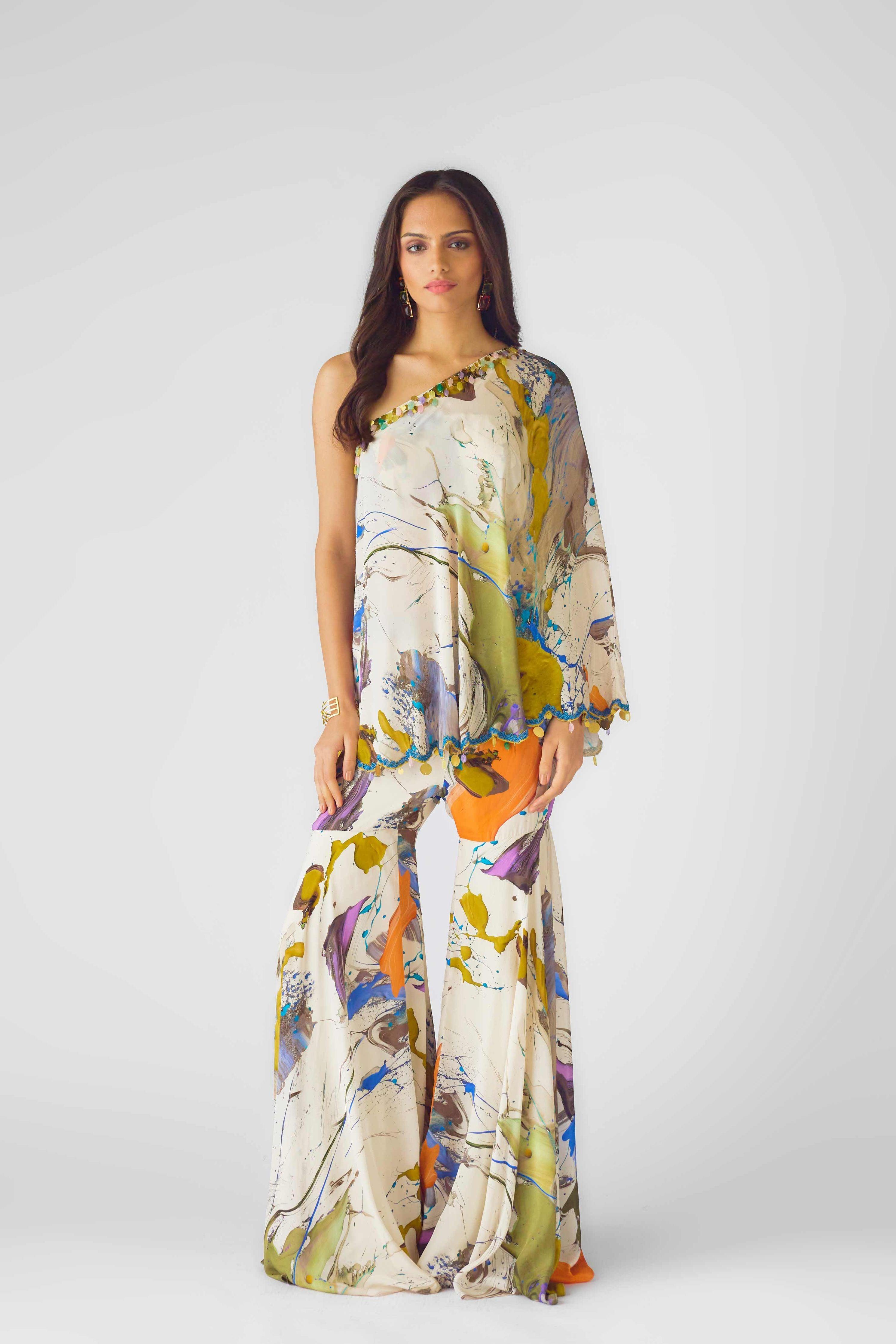 The Abstract Strokes One Shoulder Sharara Set  Mokshaa