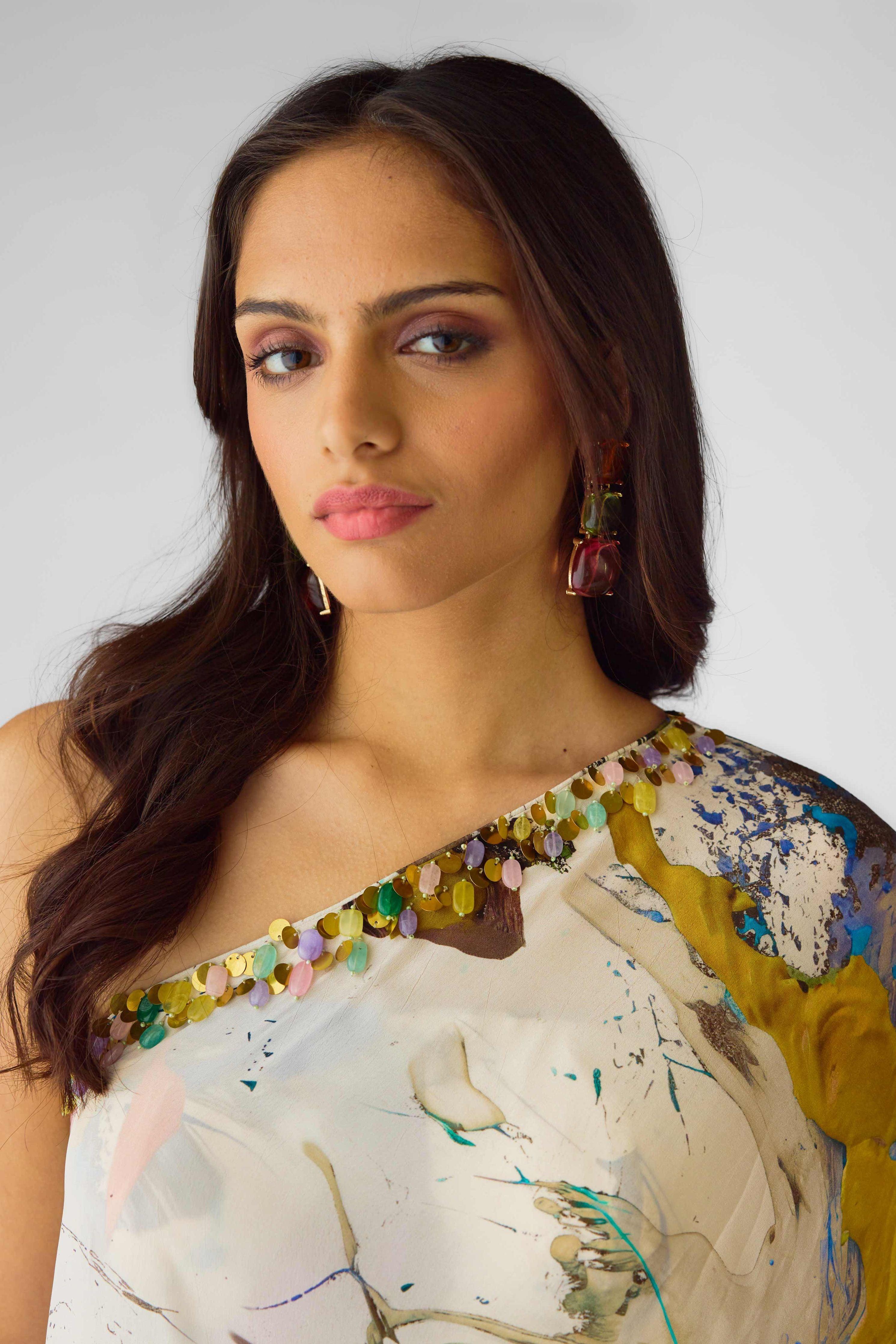 The Abstract Strokes One Shoulder Sharara Set  Mokshaa