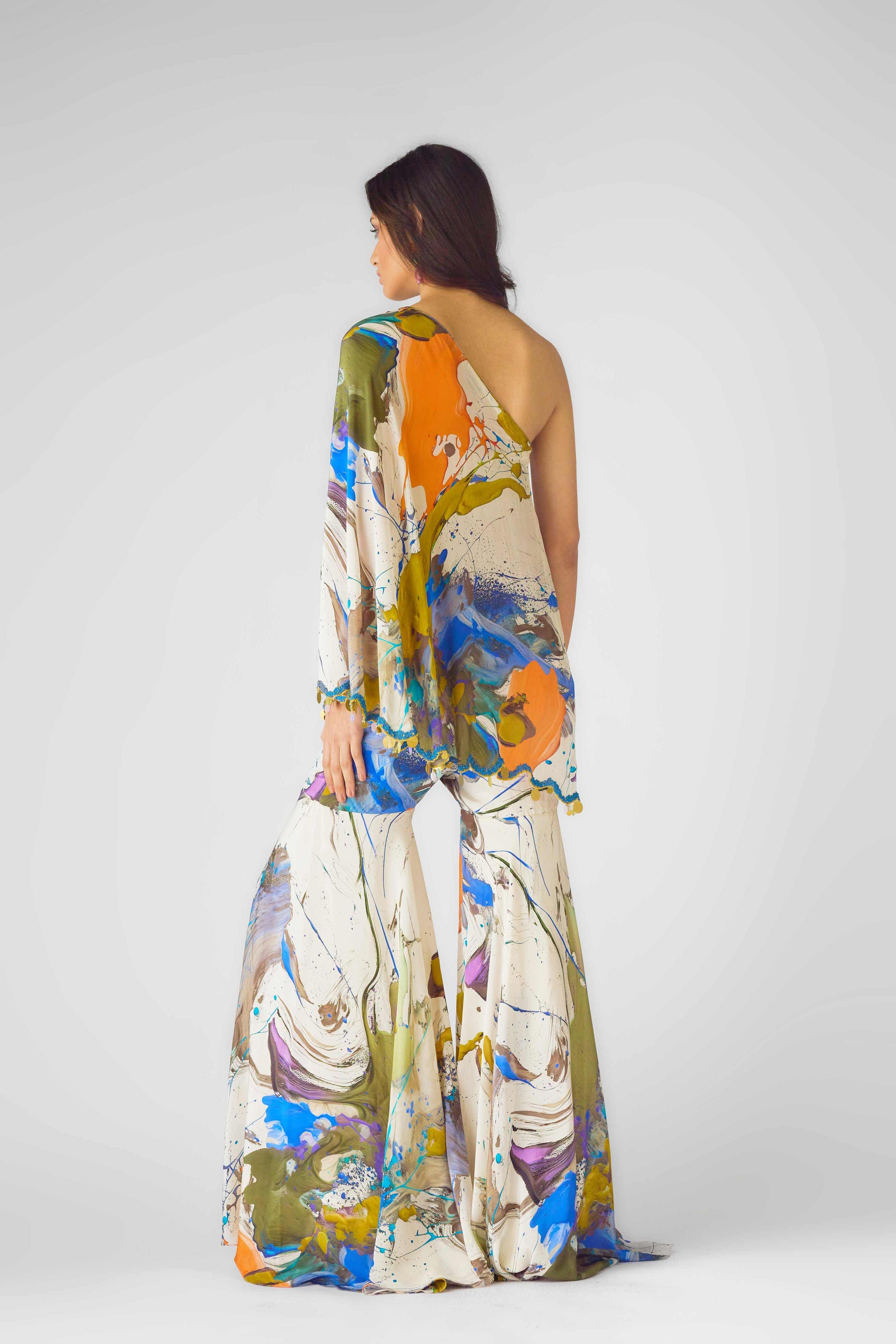 The Abstract Strokes One Shoulder Sharara Set  Mokshaa