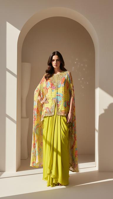Lime Crepe Floral Embroidered Cape Set