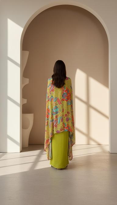 Lime Crepe Floral Embroidered Cape Set