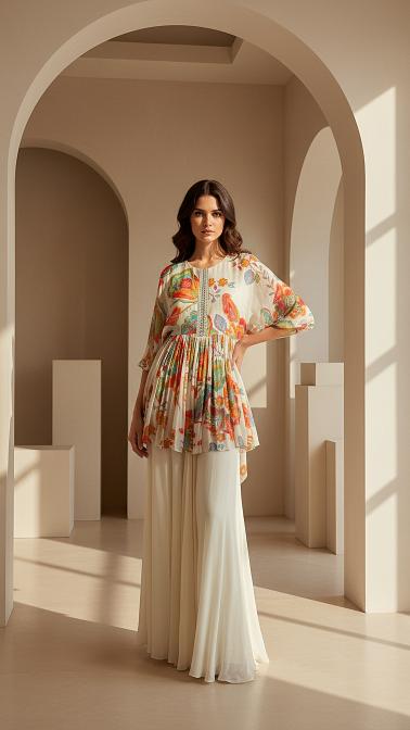 Ivory Pleat Embroidered Sharara Set
