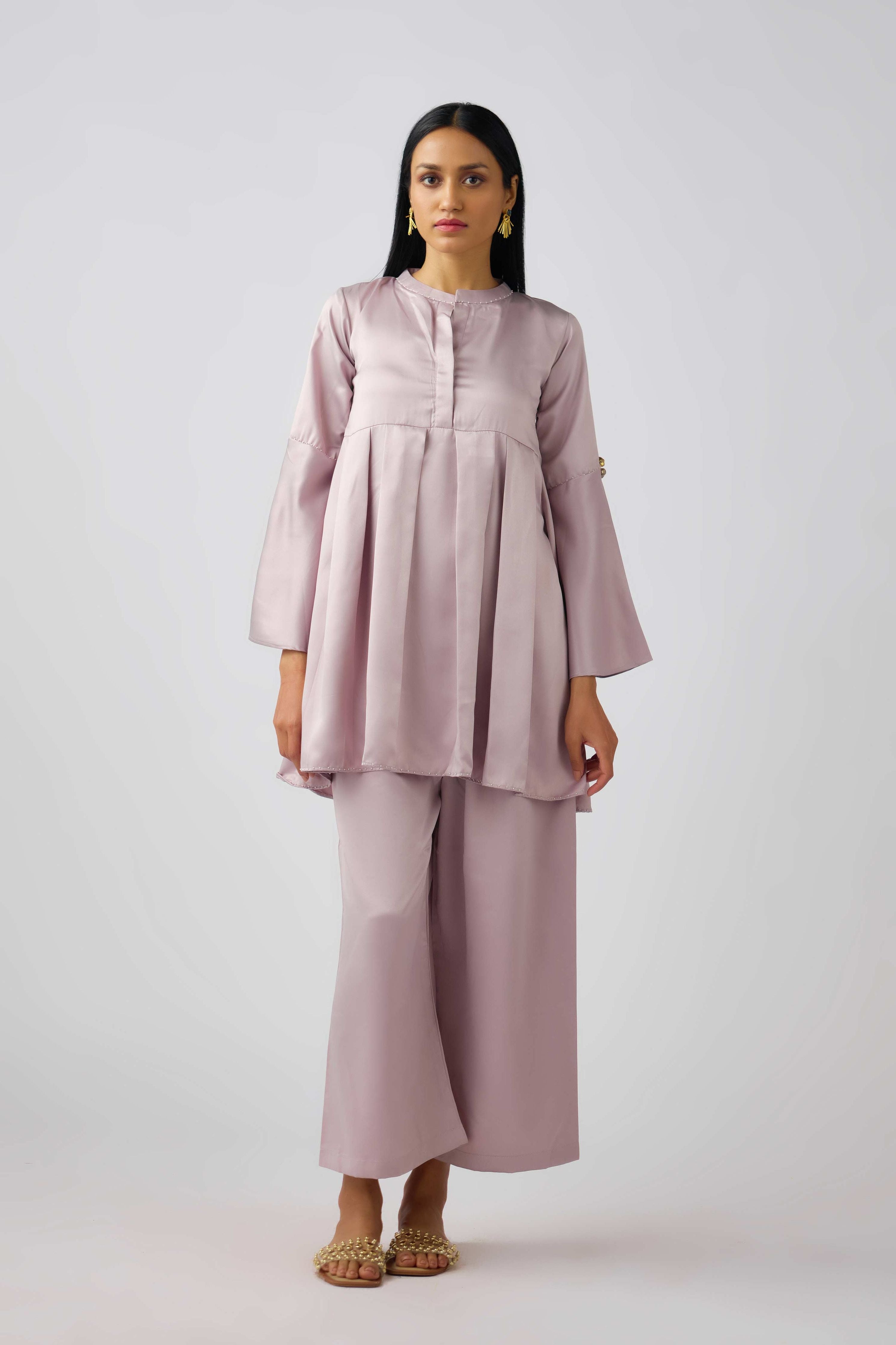 Pink Satin Embellished Tunic Set  Mokshaa