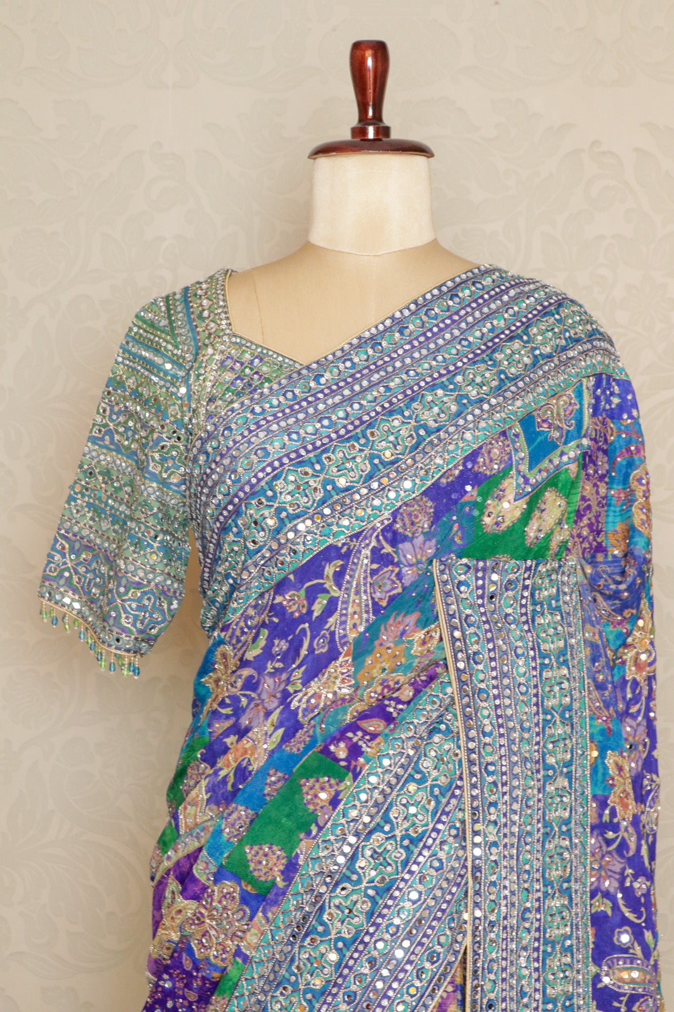 Blue Georgette Mirror Work Saree