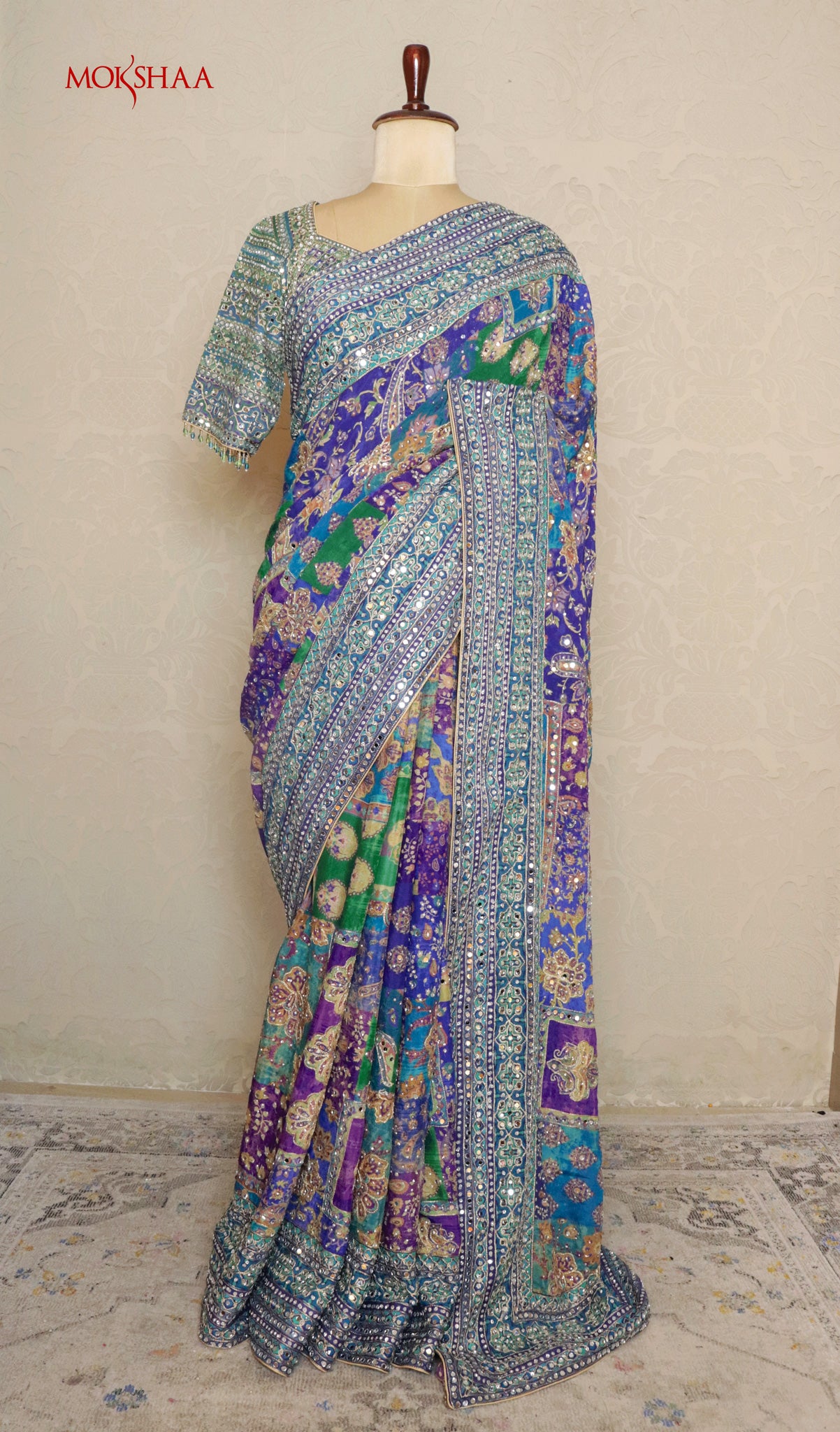 Blue Georgette Mirror Work Saree