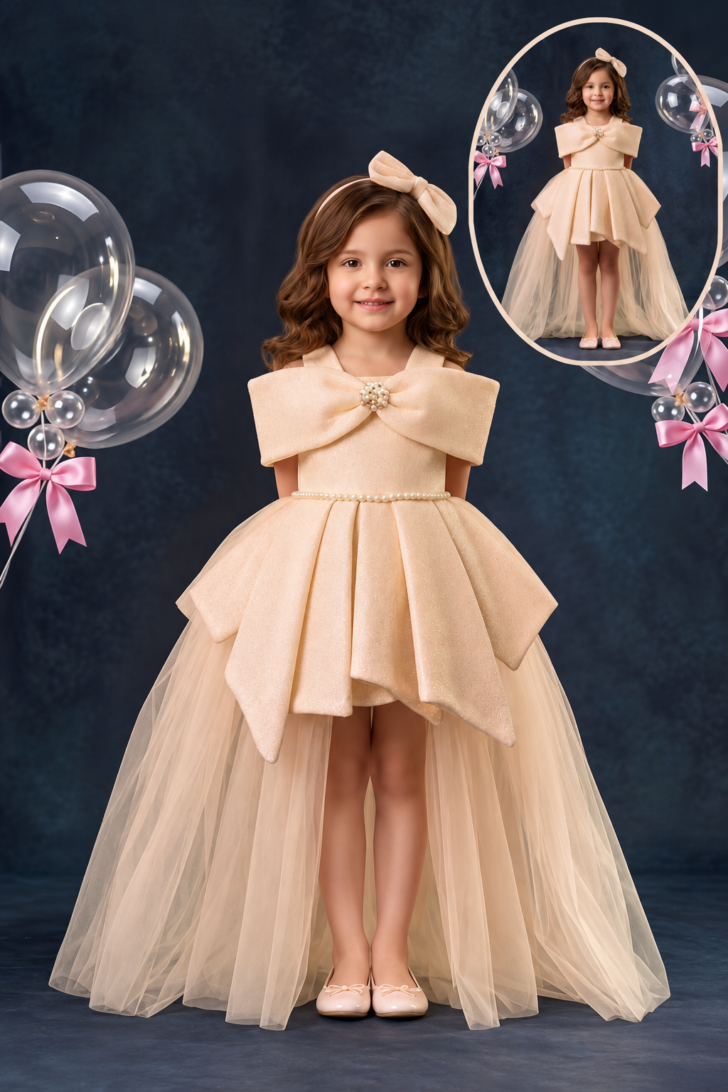 Champagne Gold Bow Detail Girls Party Gown