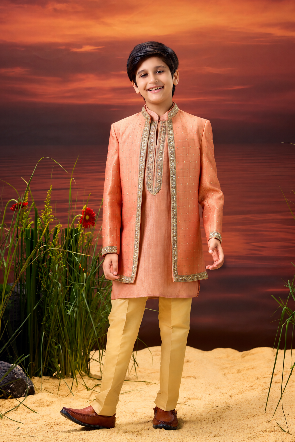Peach Embroidered Indo-Western Jacket Set for Boys