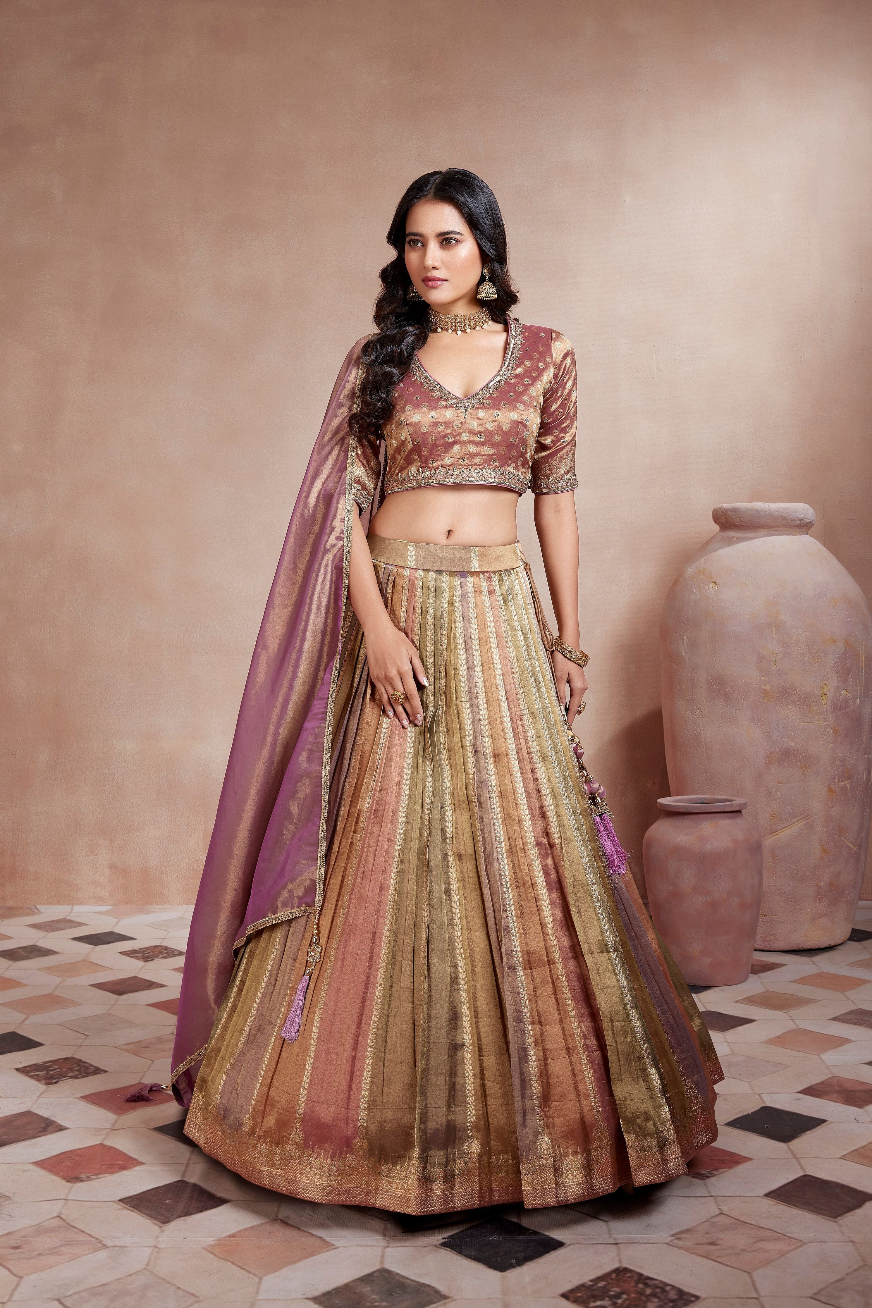 Shimmer Multi-Color Embroidered Premium Metallic Silk Lehenga Set - Mokshaa