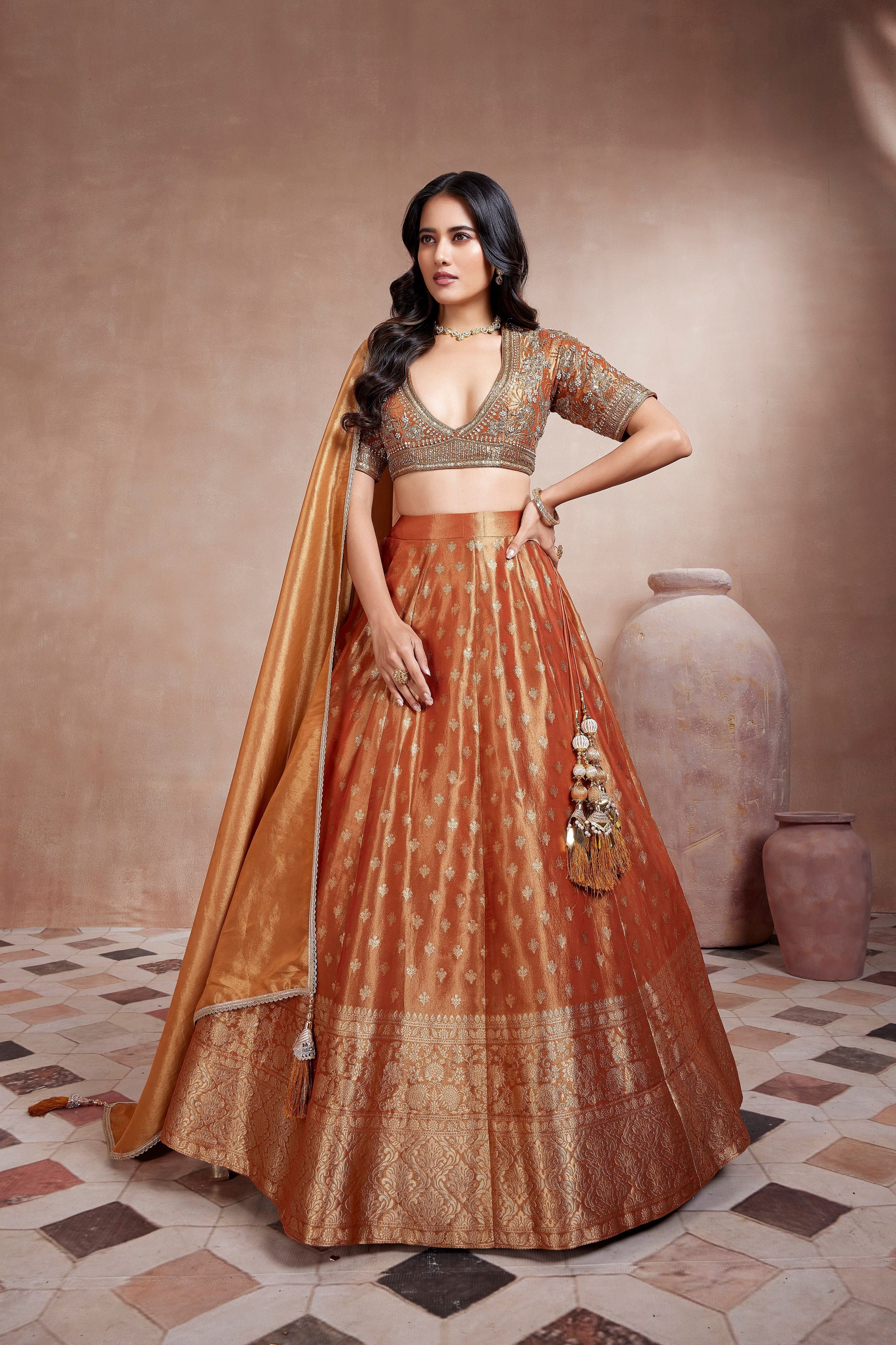 Shimmer Copper Embroidered Premium Brocade Silk Lehenga Set - Mokshaa