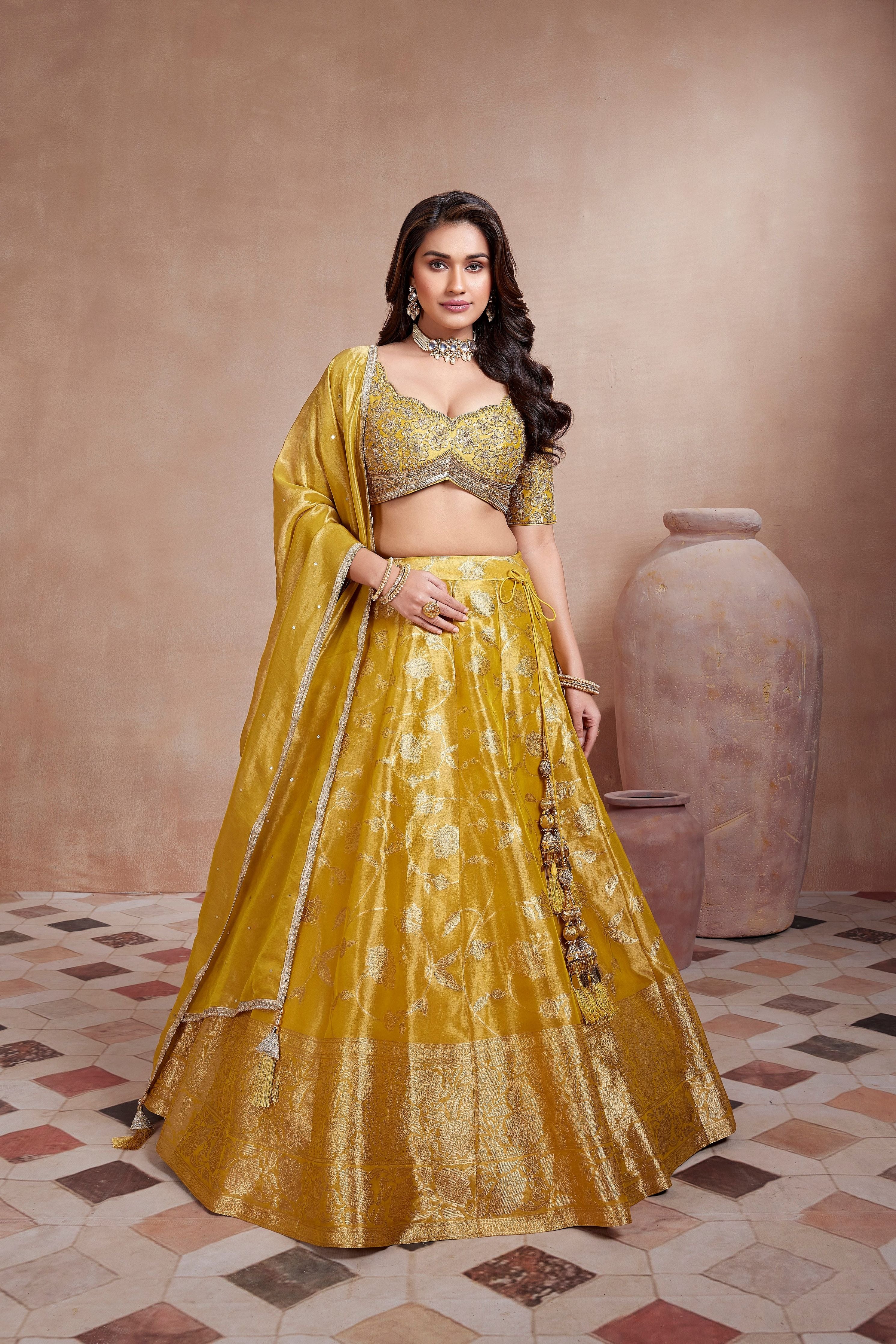 Mustard Yellow Embellished Premium Brocade Silk Lehenga Set - Mokshaa