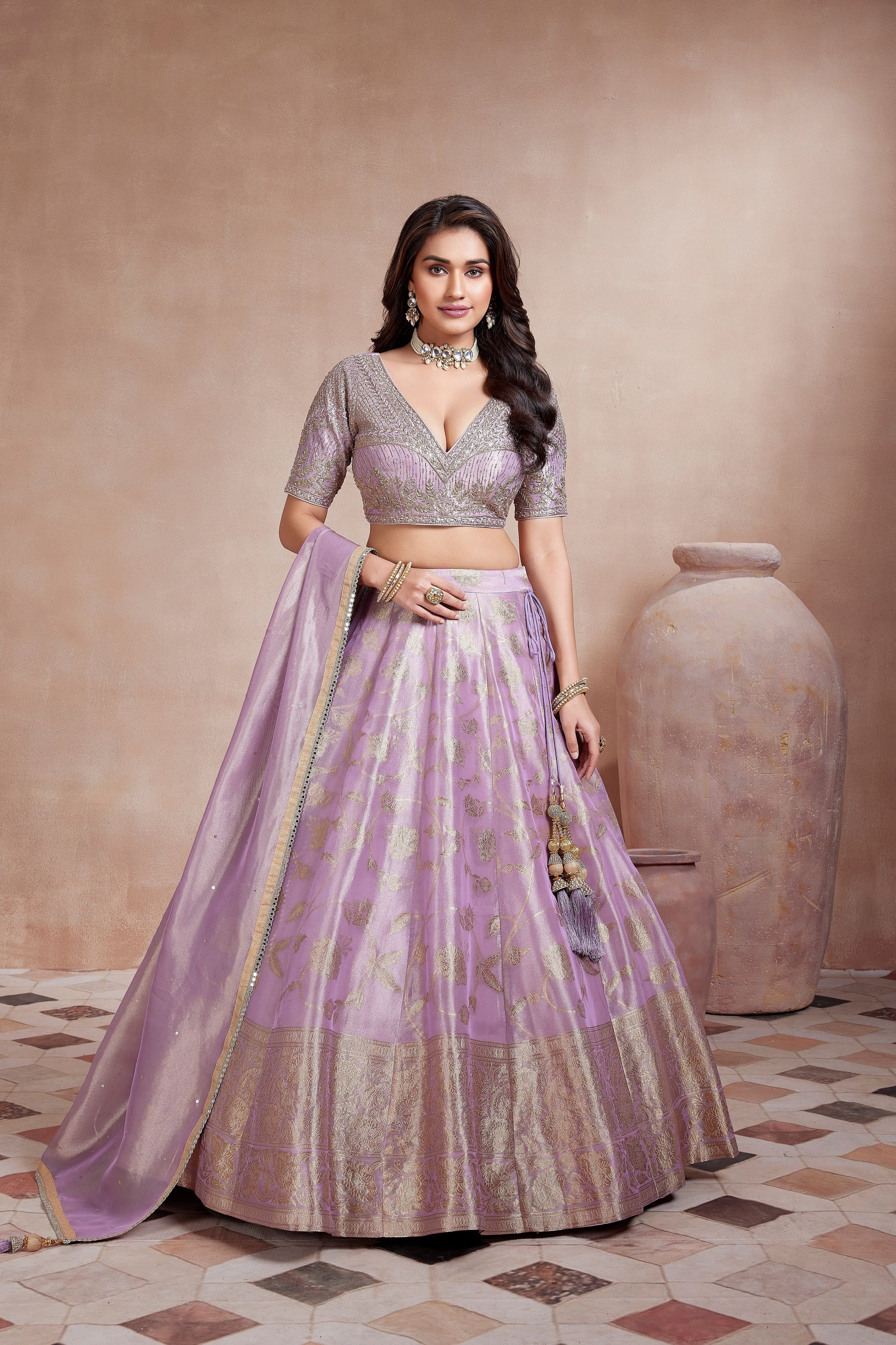 Soft Lavender Embellished Premium Brocade Silk Lehenga Set - Mokshaa