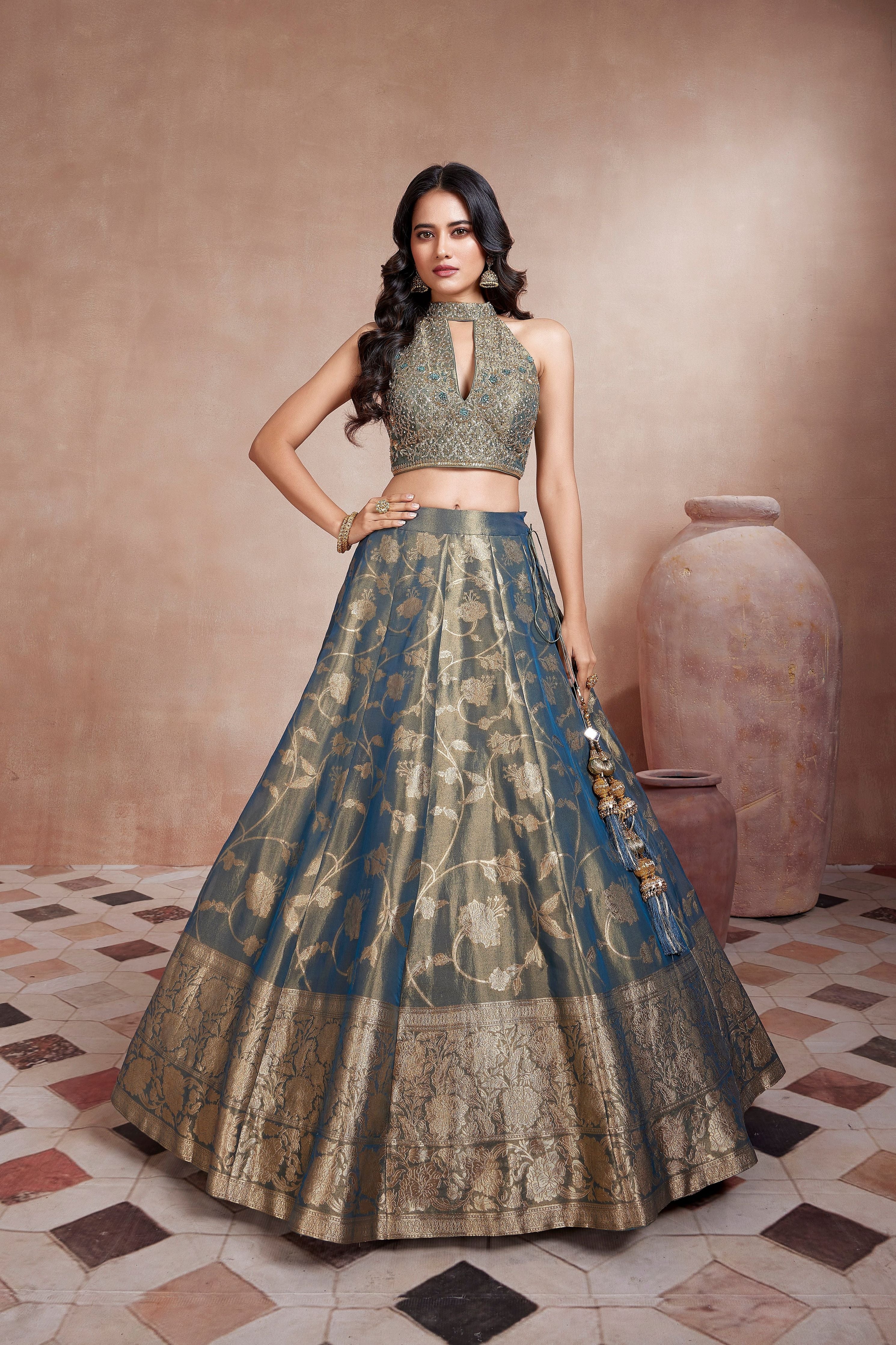 Prussian Blue and Gold Two Toned Tissue Floral Woven Halter Crop Top Lehenga - Mokshaa