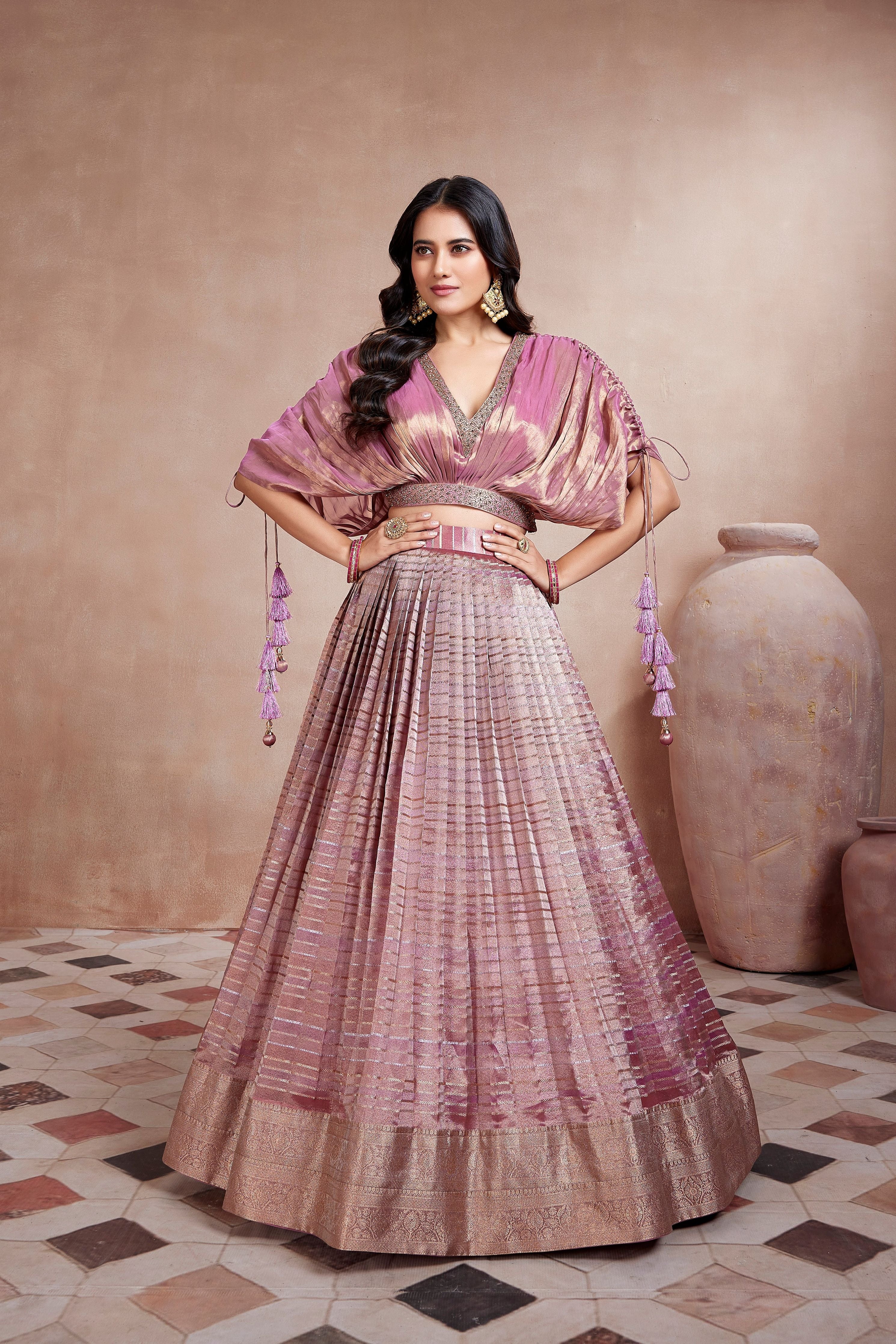 Plum Embellished Metallic Silk Lehenga Set - Mokshaa