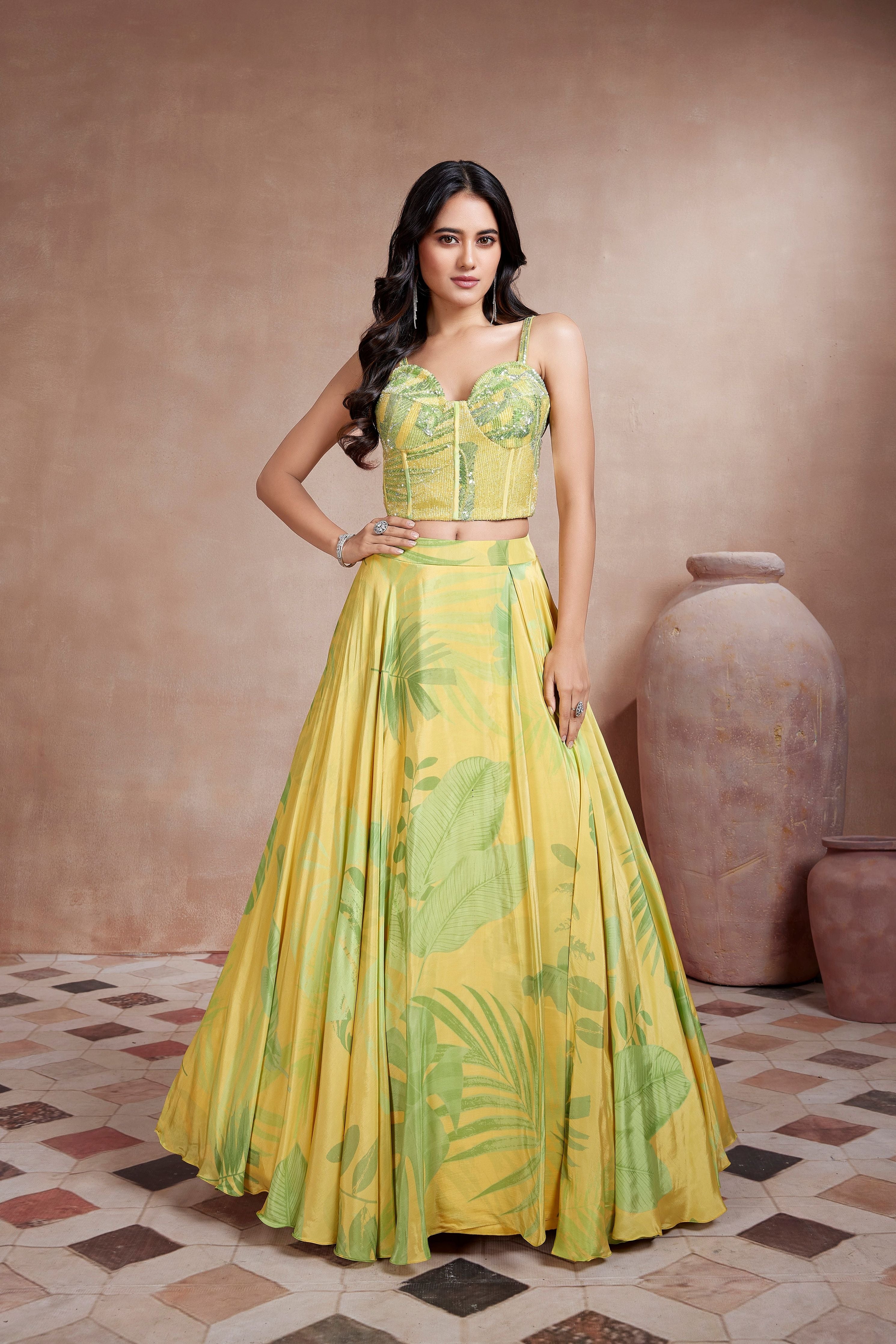 Sunshine Yellow Embroidered Chinon Silk Skirt Set - Mokshaa