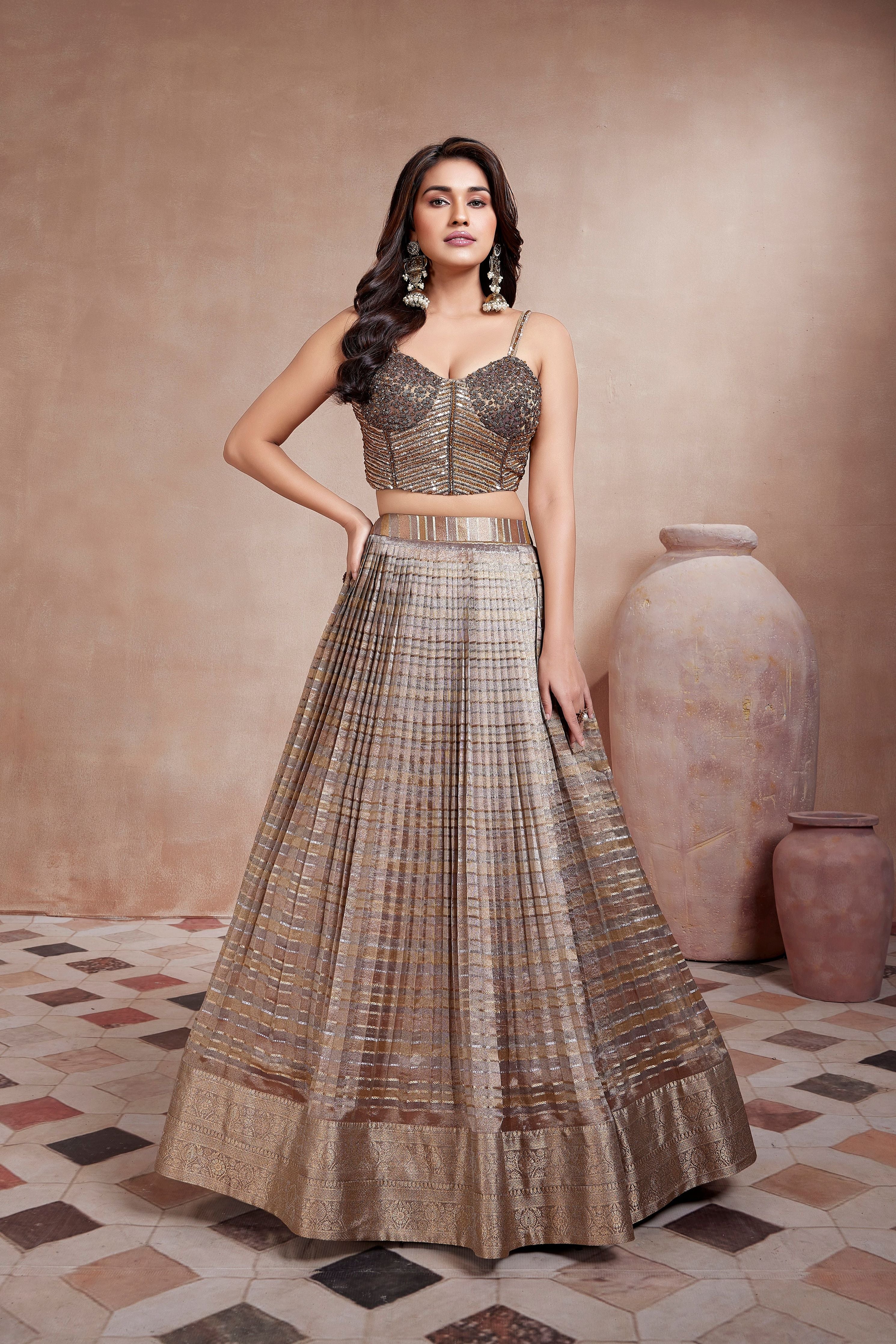 Shimmer Bronze Metallic Silk Lehenga Set - Mokshaa