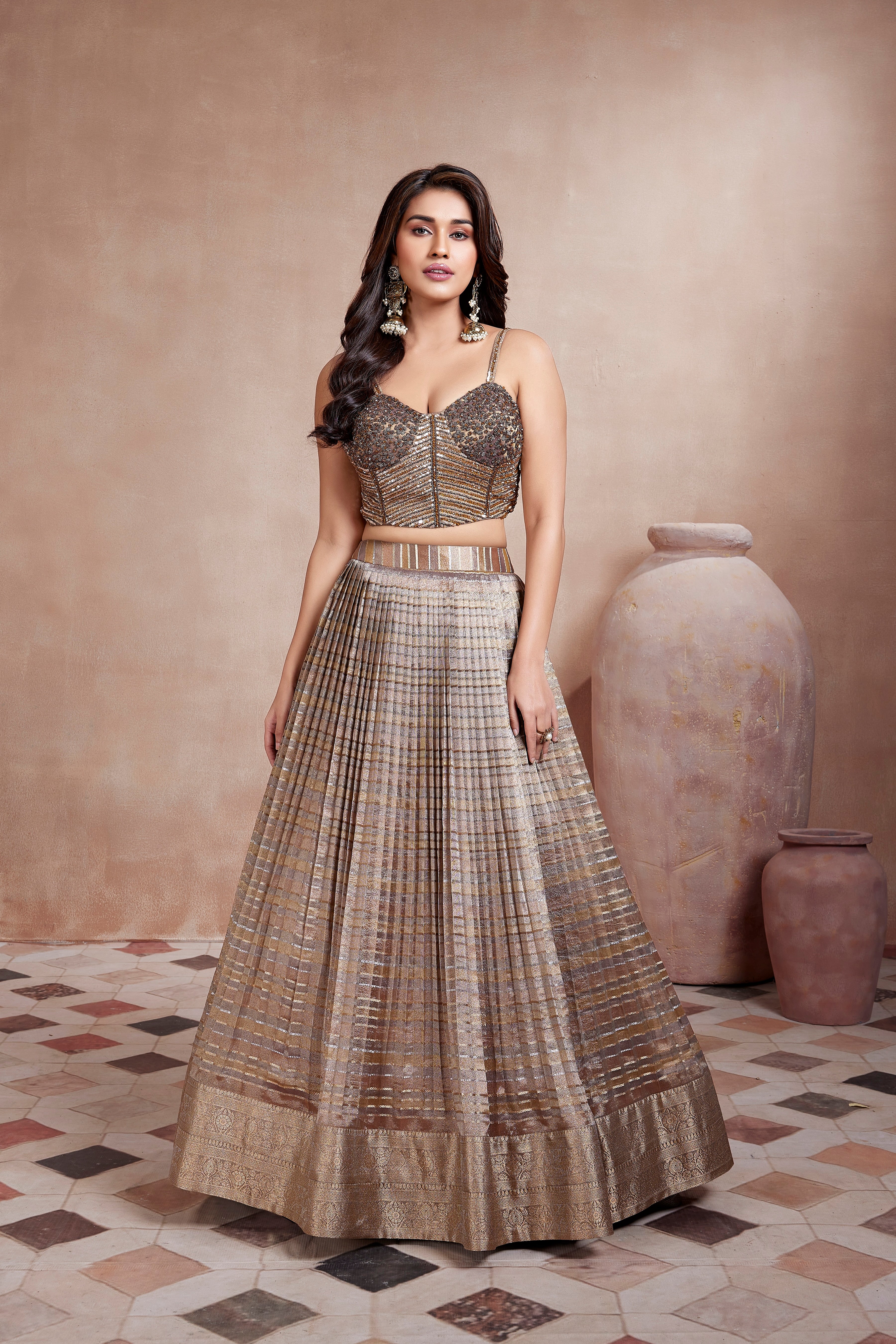 Shimmer Bronze Metallic Silk Lehenga Set - Mokshaa