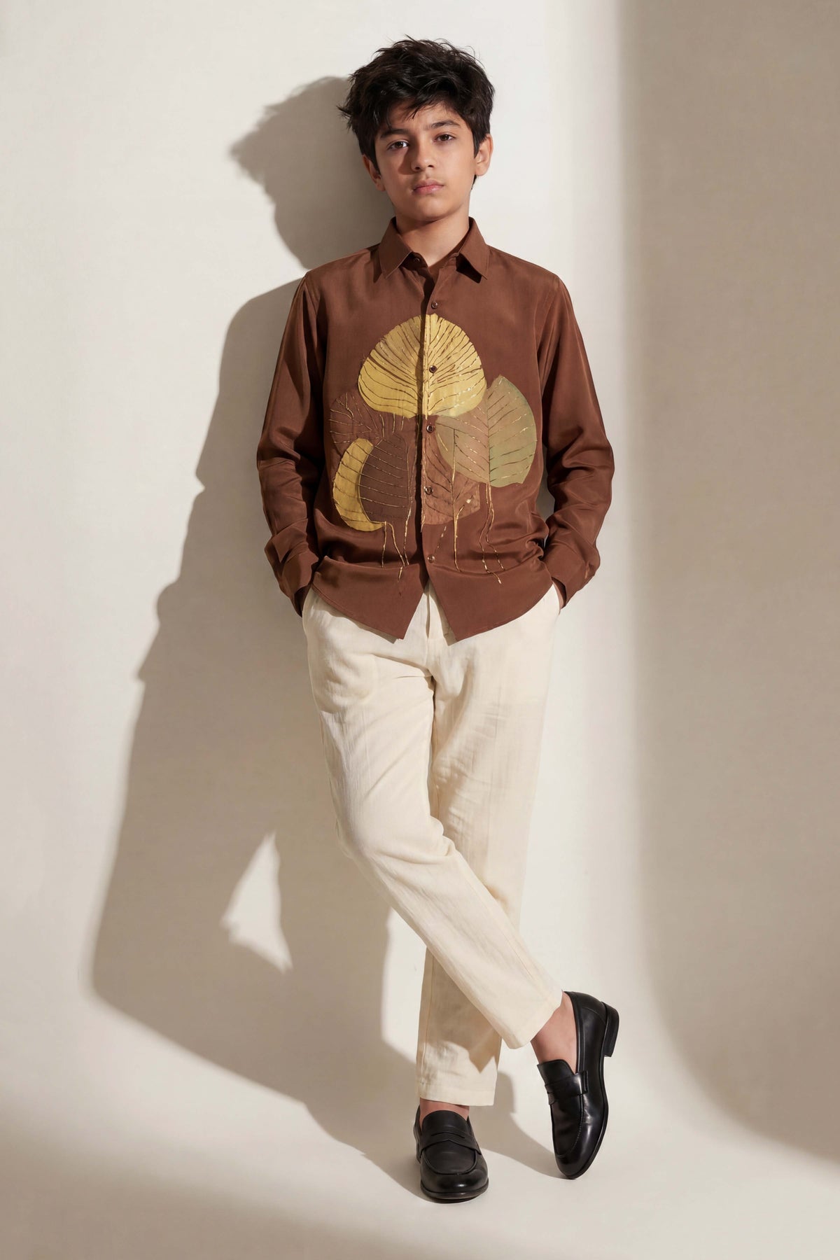Brown Leaf Motif Boys Shirt