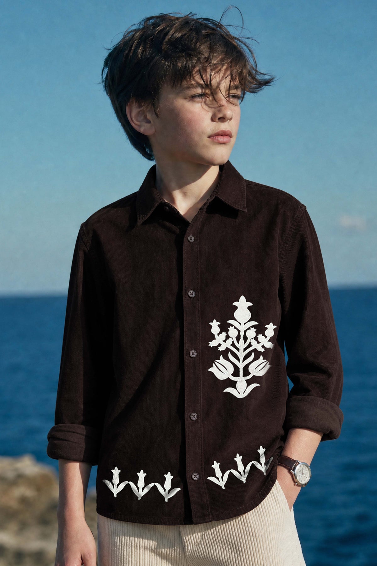 Dark Brown Floral Embroidered Boys Shirt