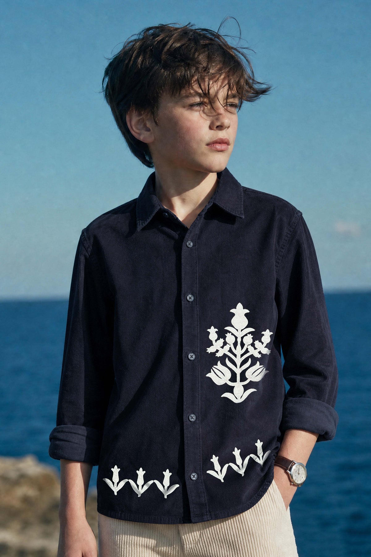 Navy Blue Floral Embroidered Boys Shirt