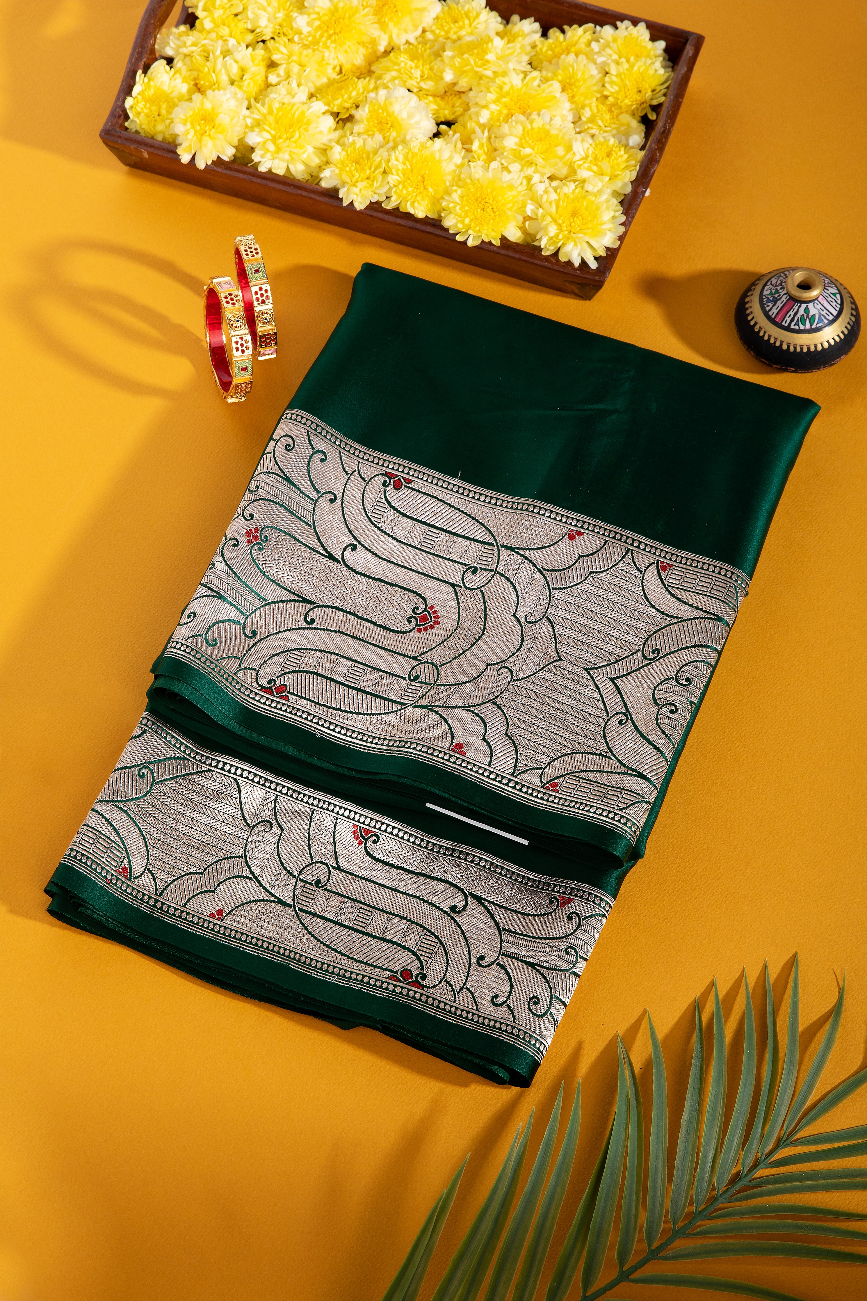 Bottle Green Banaras Silk Saree - Mokshaa