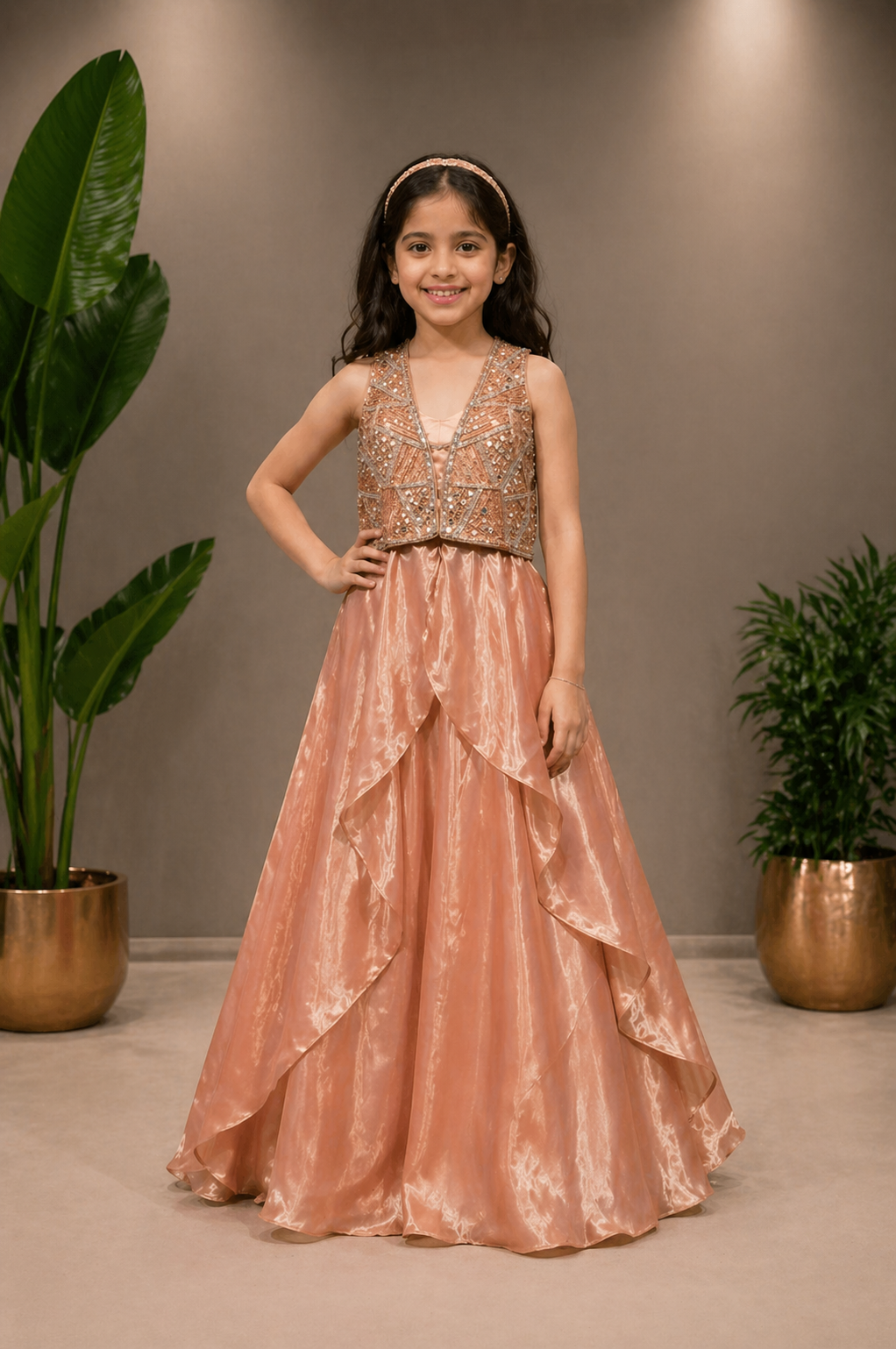 Peach Mirror & Sequin Embroidered Crop Top & Ruffle Lehenga Set for Girls