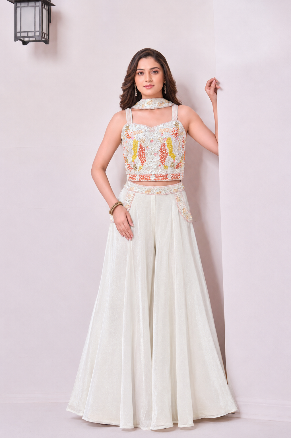 Ivory Floral Embellished Palazzo Set for Girls