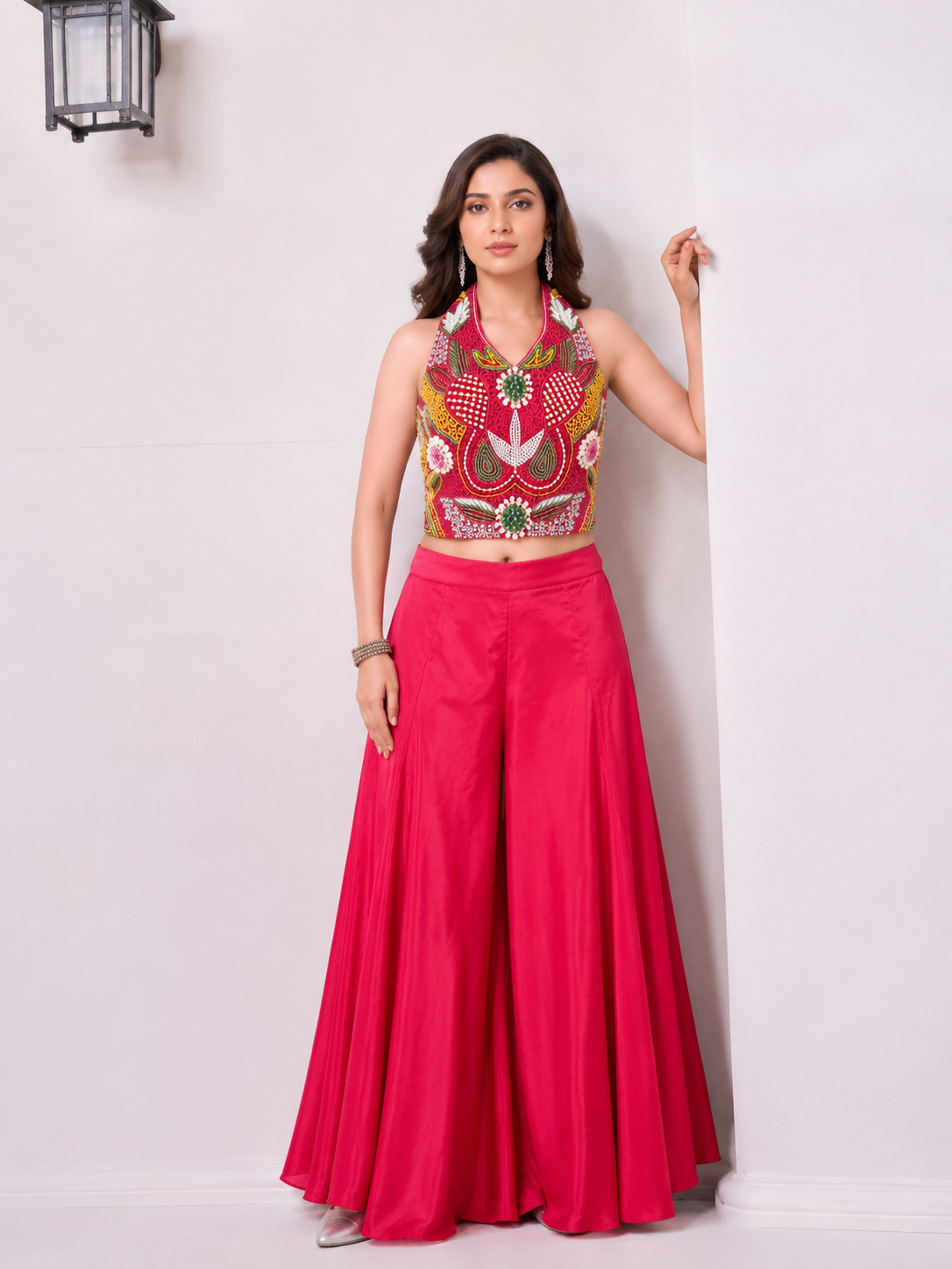 Hot Pink Embroidered Palazzo Set for Girls