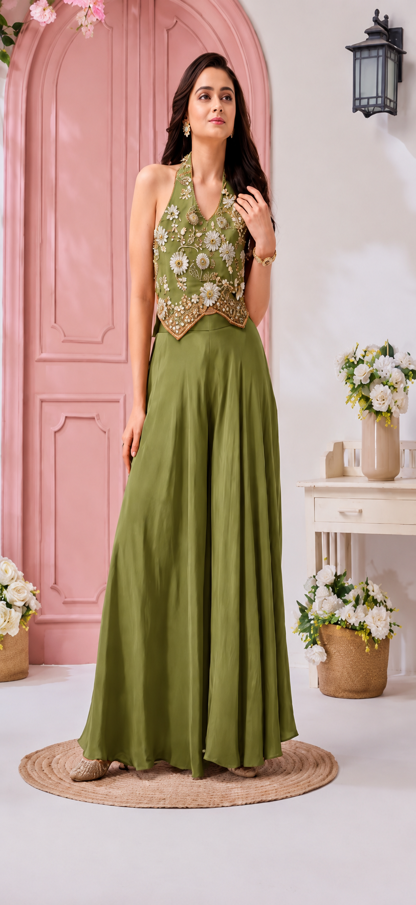 Olive Green Embroidered Halter Palazzo Set
