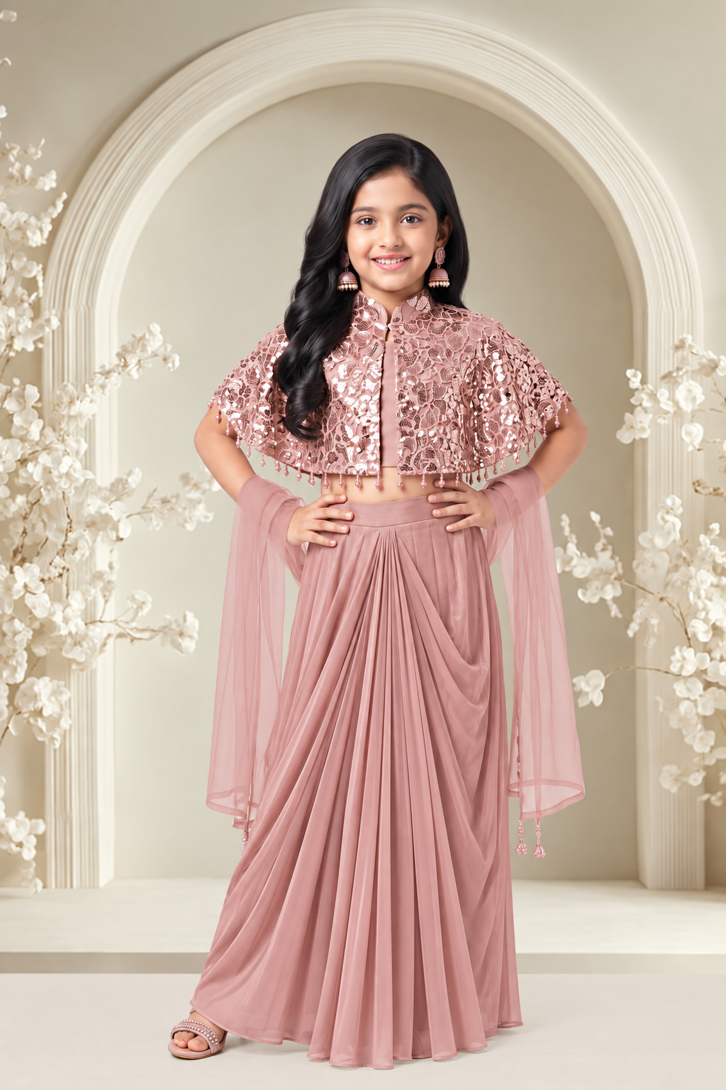 Dusty Rose Sequin Cape Girls Pleated Skirt Set
