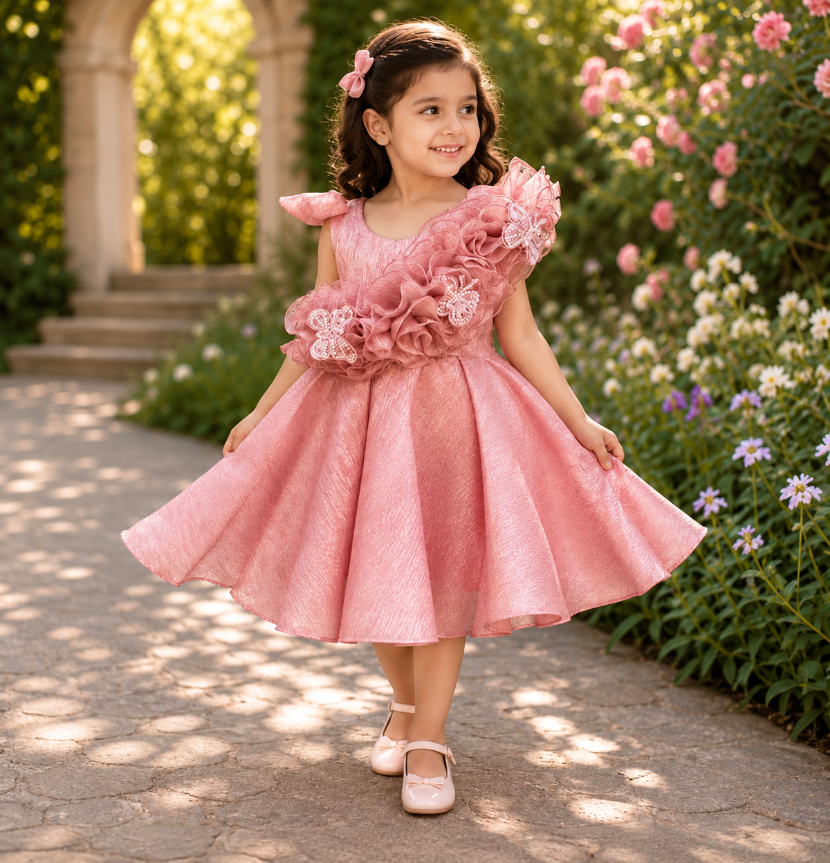 Dusty Pink Shimmer 3D Ruffle Girls Party Wear Frock