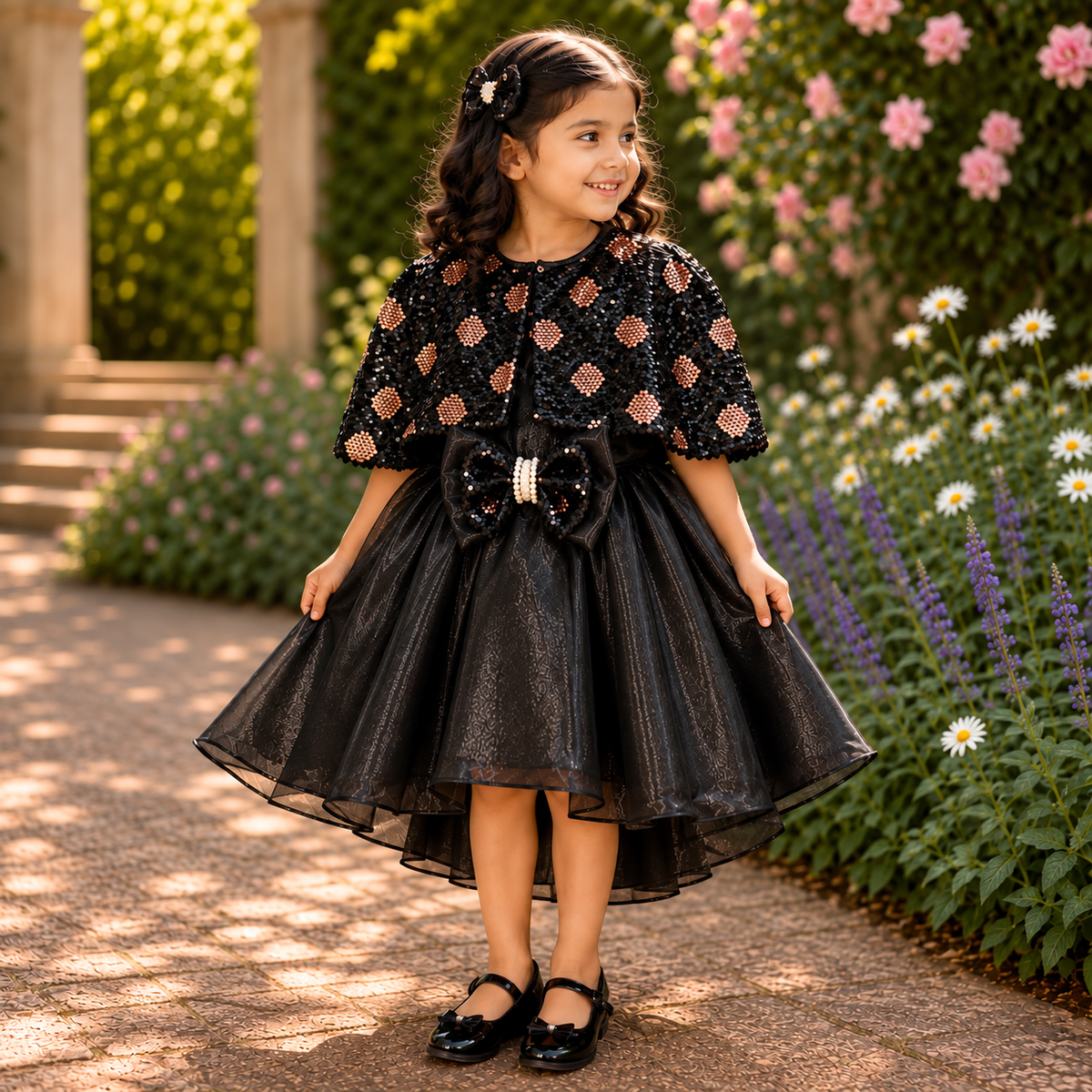 Black Sequin Cape Girls Party Wear Frock