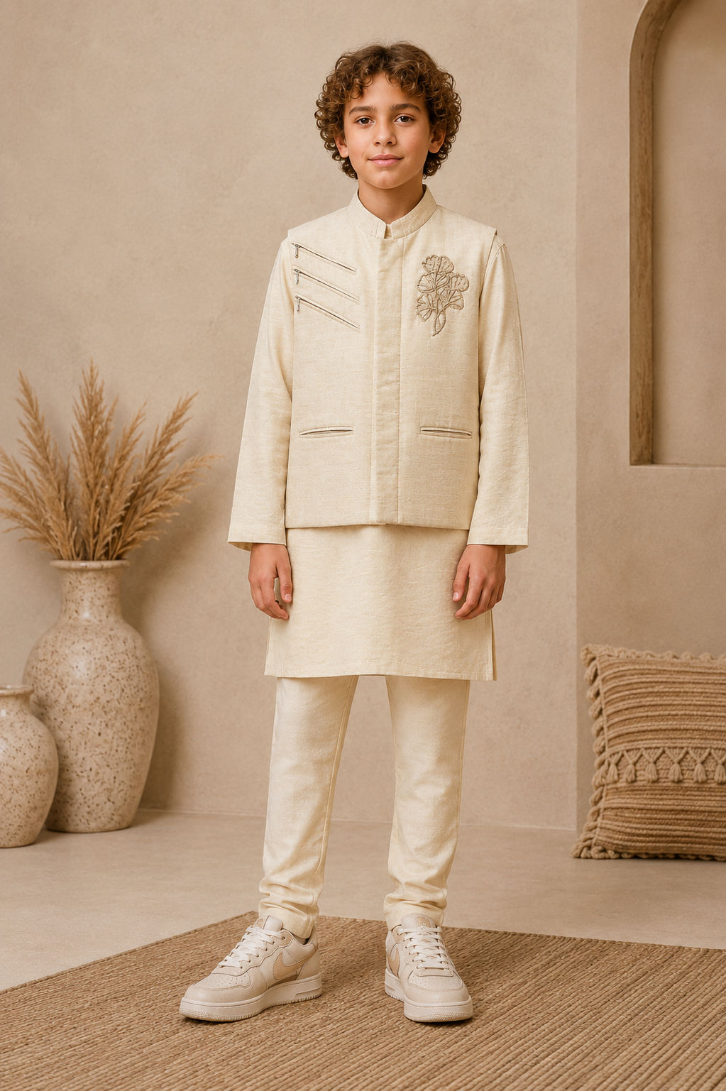 Cream Embroidered Bandi Kurta Pyjama Set