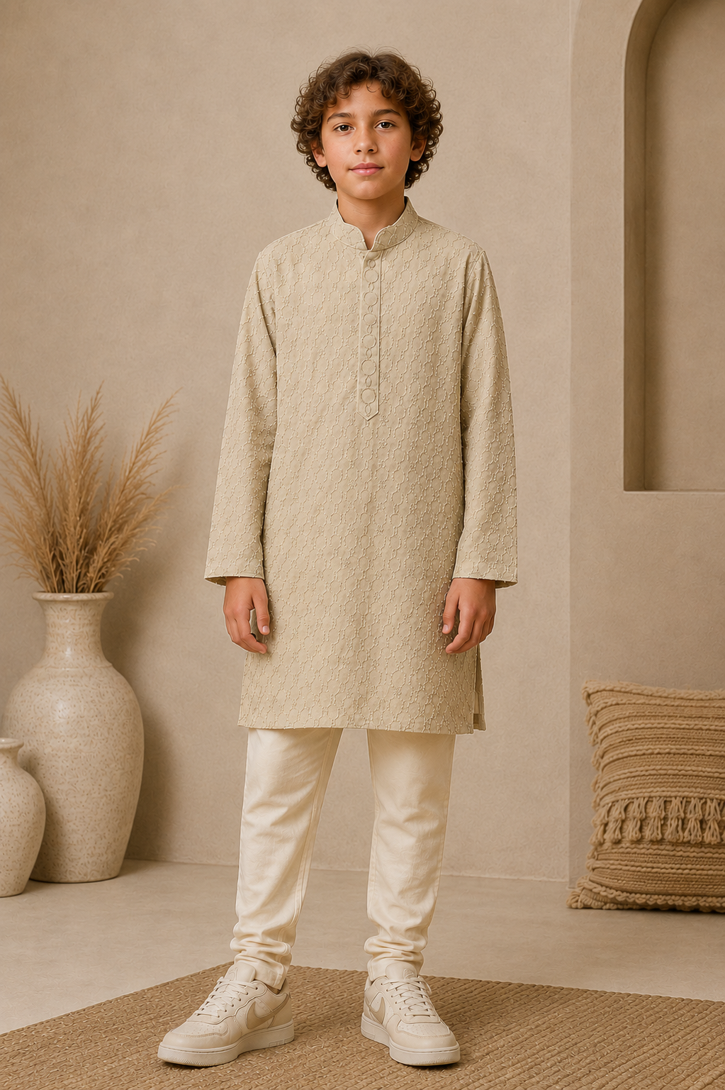 Beige Embroidered Kurta Pyjama Set