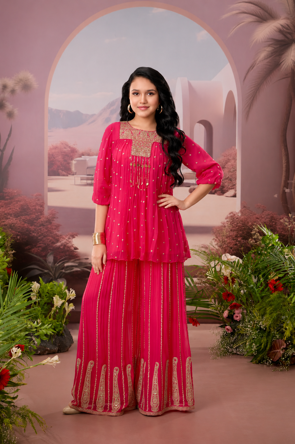 Pink Georgette Peplum Sharara Set