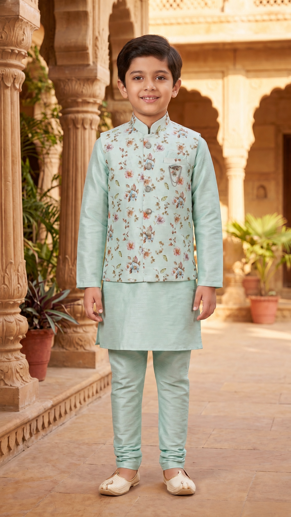 Mint Green Floral Print Bandi Kurta Pyjama Set