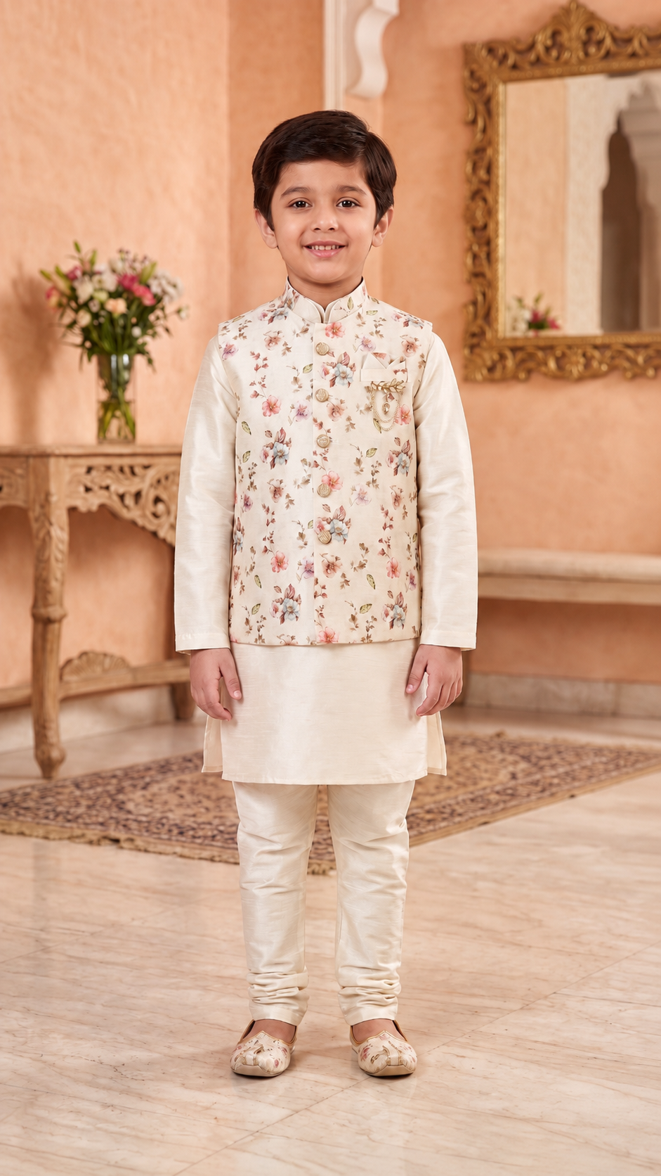 Cream Floral Print Bandi Kurta Pyjama Set