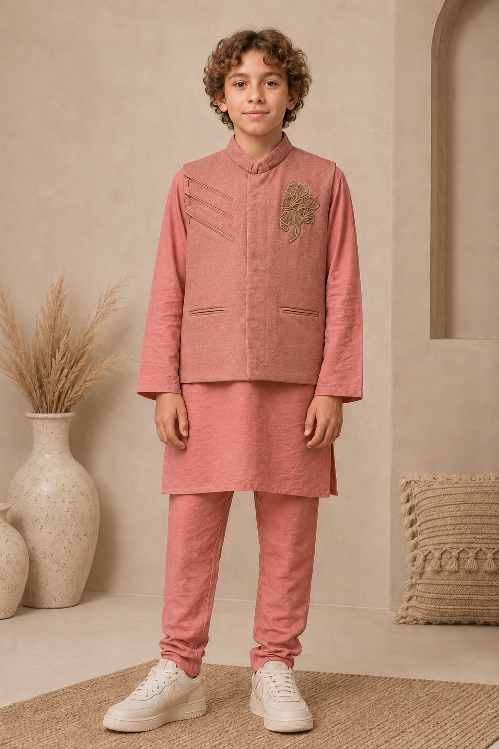 Rust Pink Embroidered Bandi Kurta Pyjama Set
