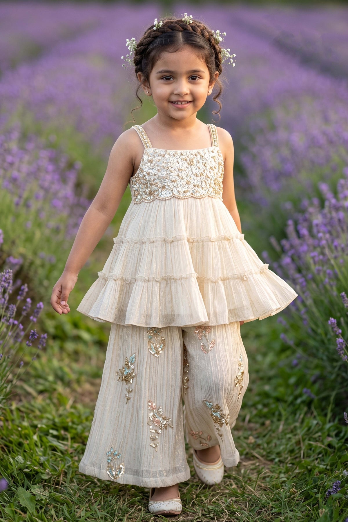 Ivory Shimmer Embroidered Top with Palazzo Pants