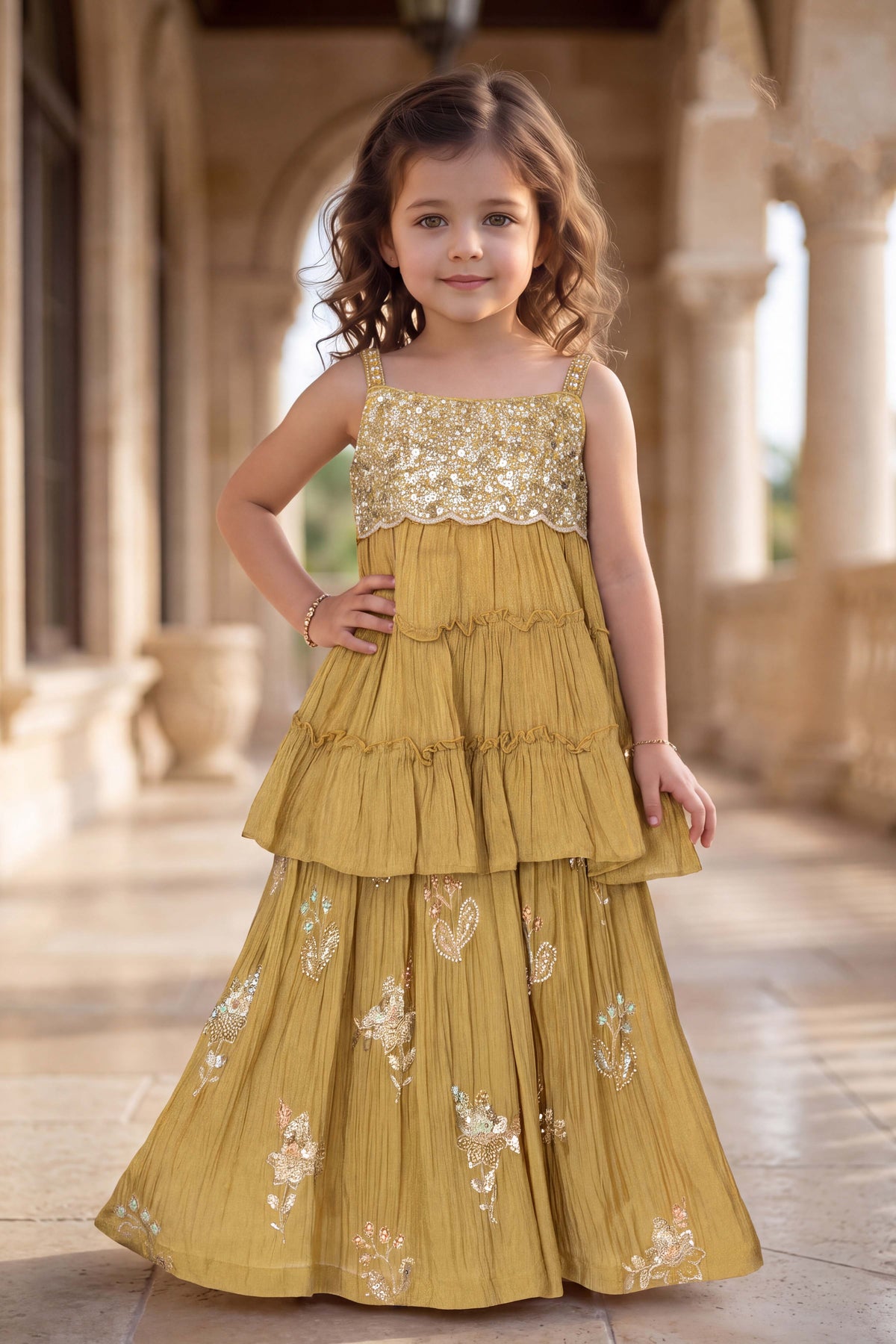 Mustard Green Shimmer Embroidered Layered Lehenga Set