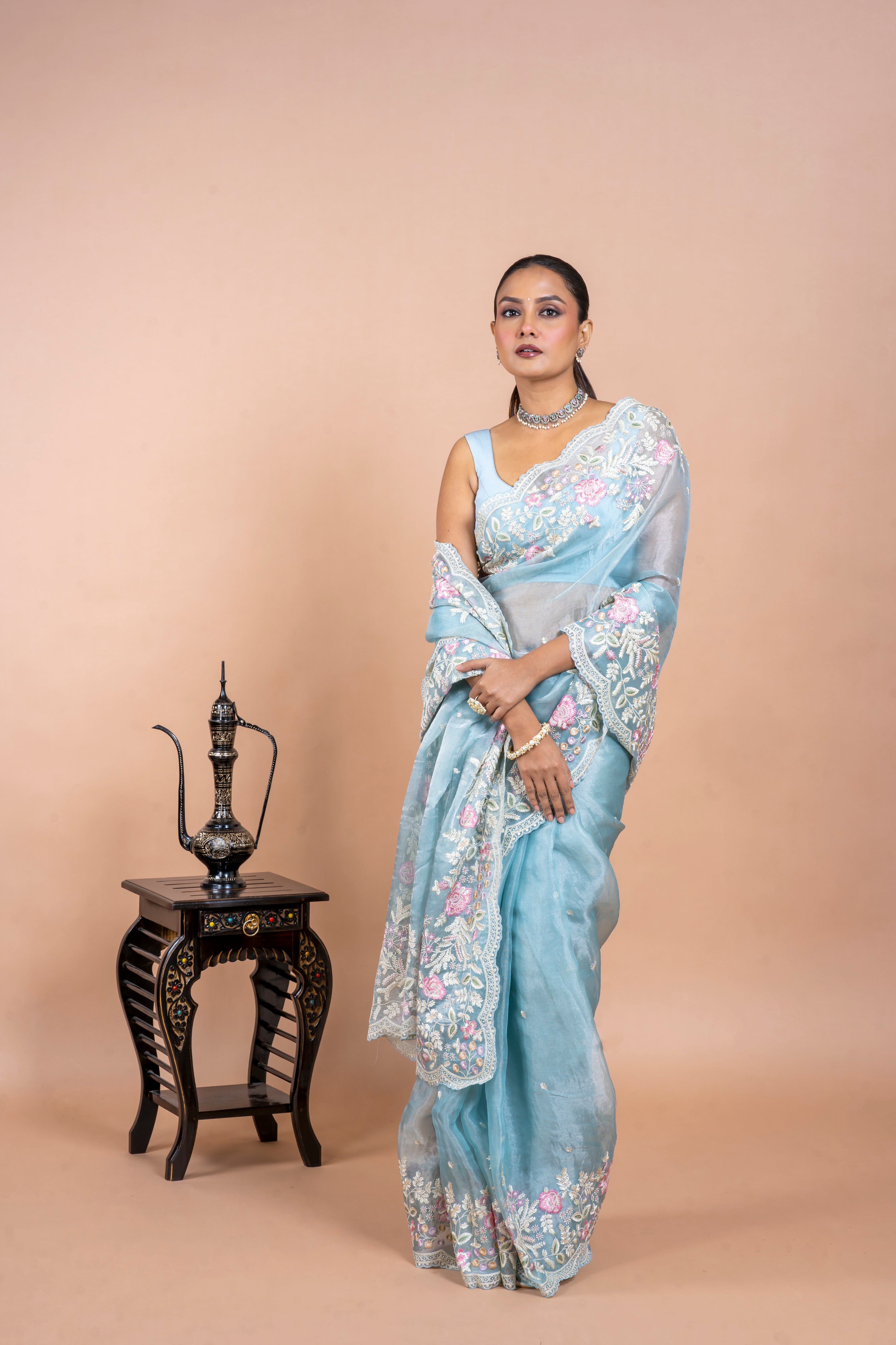 Powder Blue Tissue Organza Saree with Floral Embroidery  Mokshaa