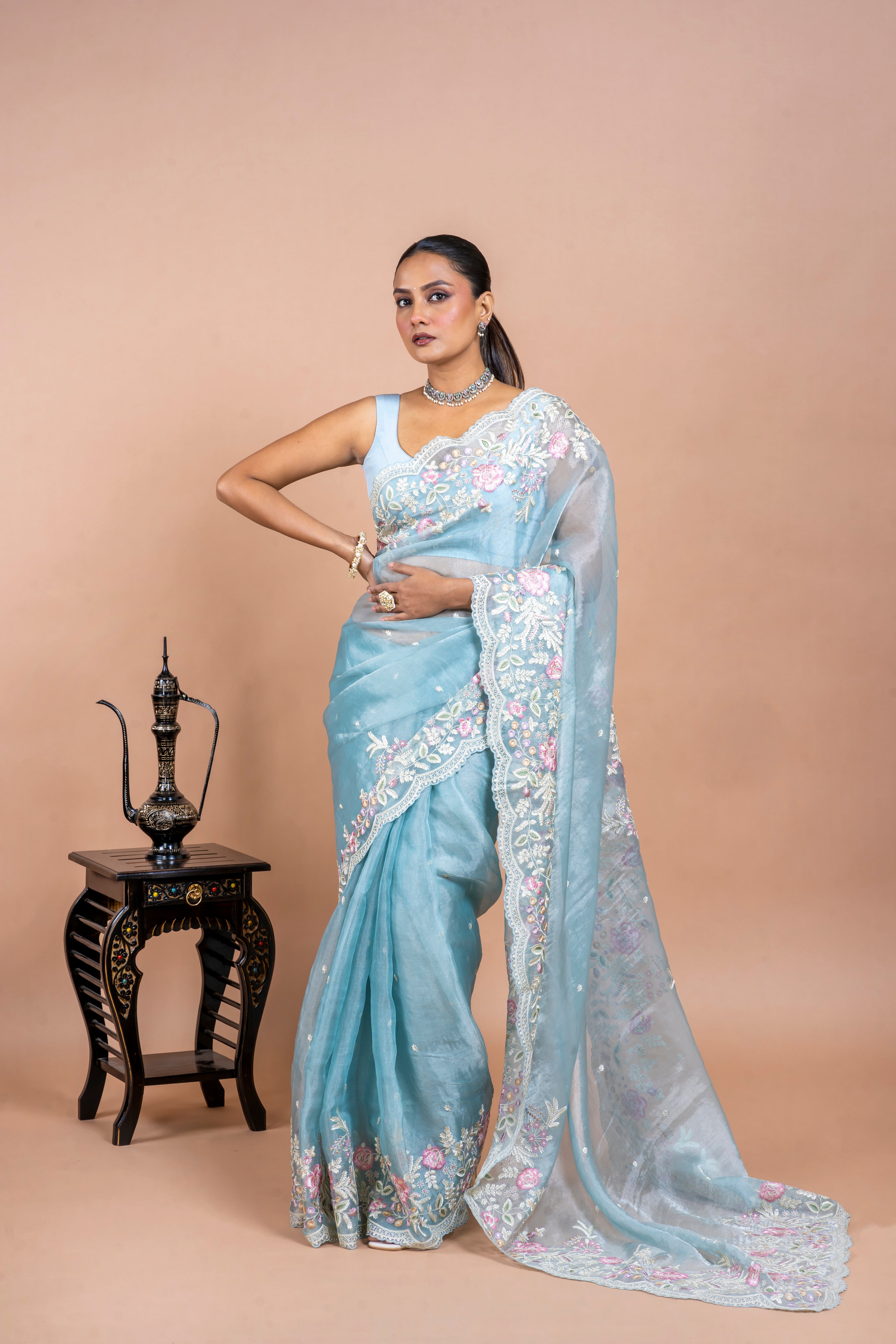 Powder Blue Tissue Organza Saree with Floral Embroidery  Mokshaa