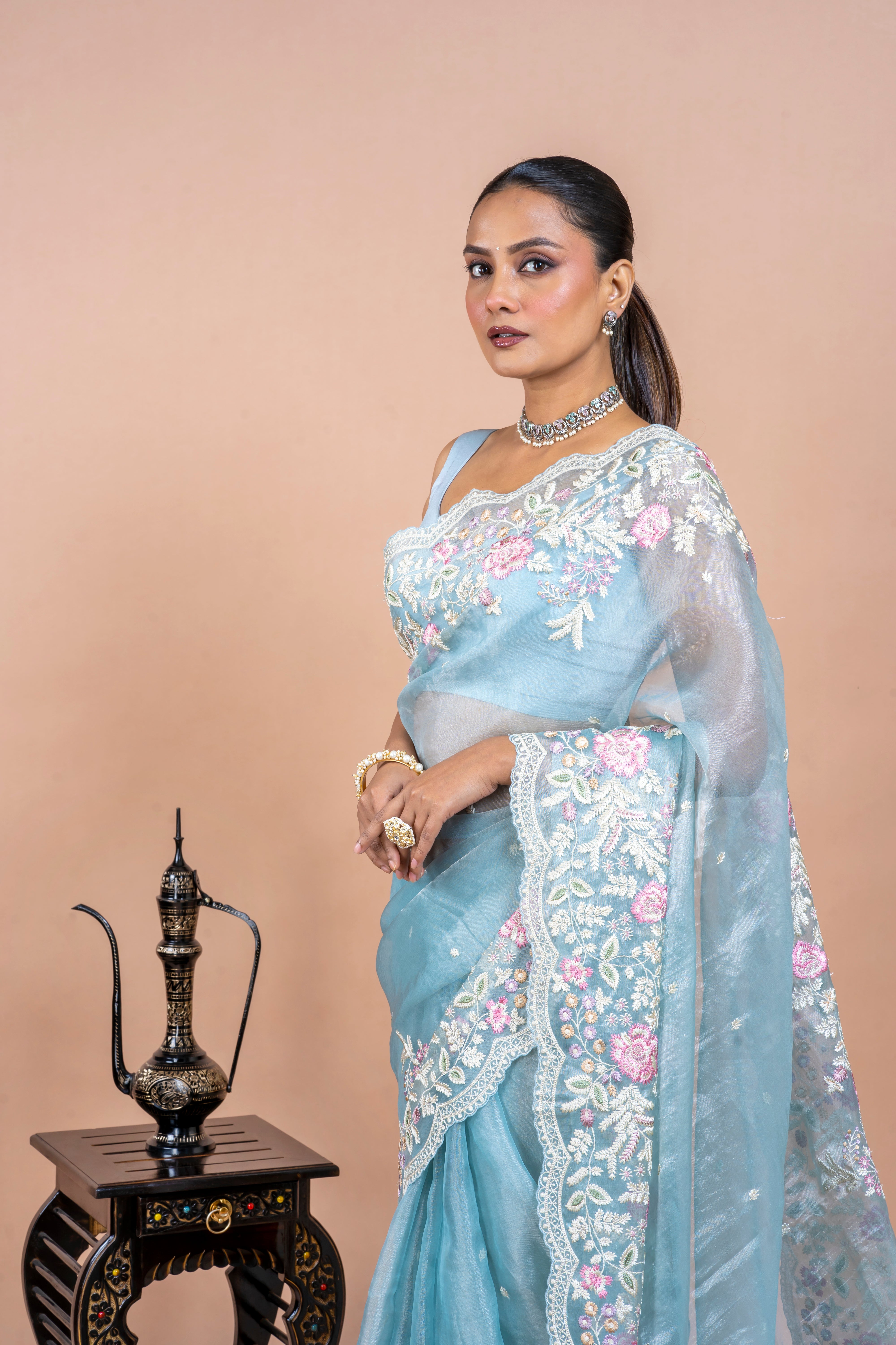 Powder Blue Tissue Organza Saree with Floral Embroidery  Mokshaa