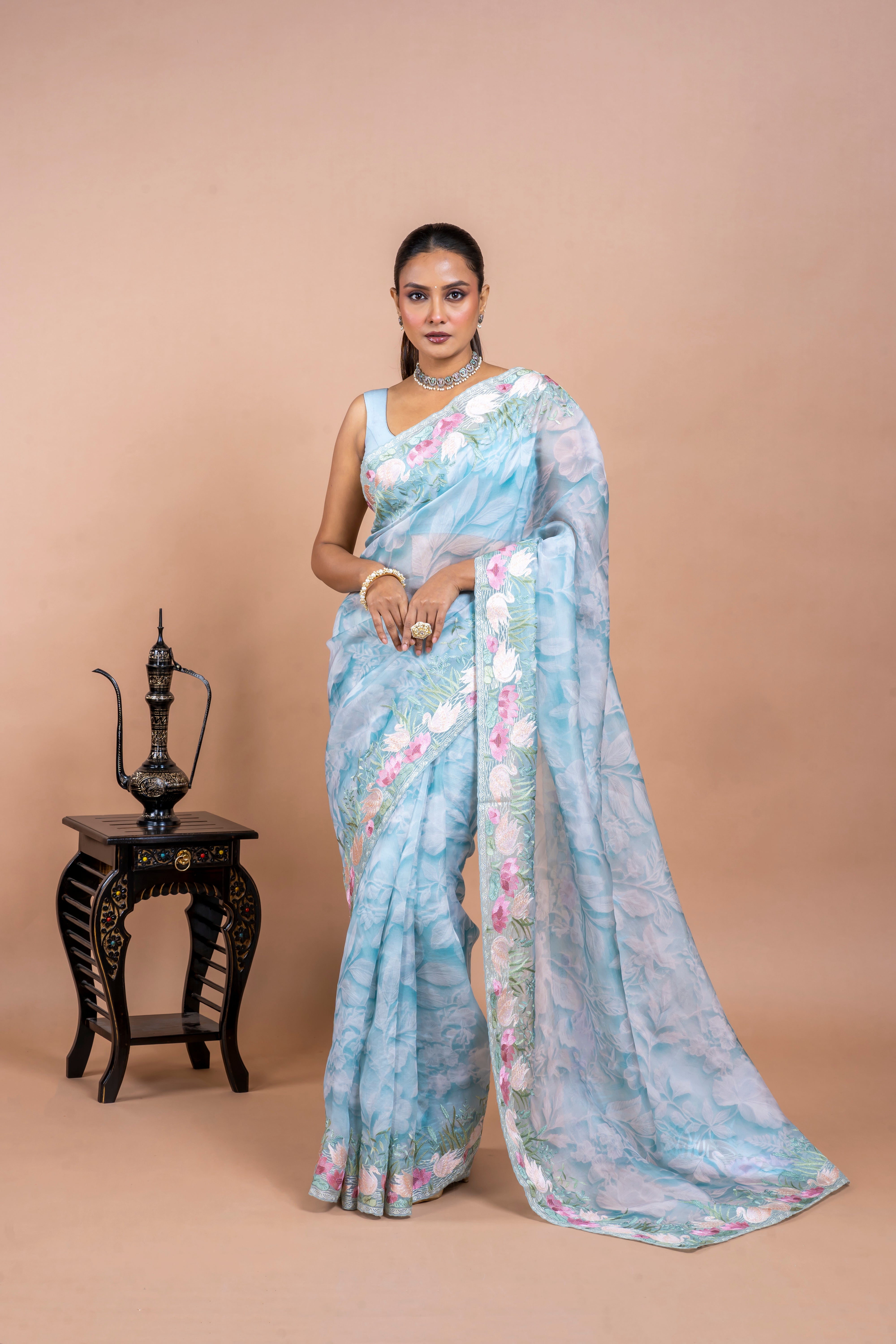 Sea Blue Organza Saree with Printed Body and Zari Border  Mokshaa