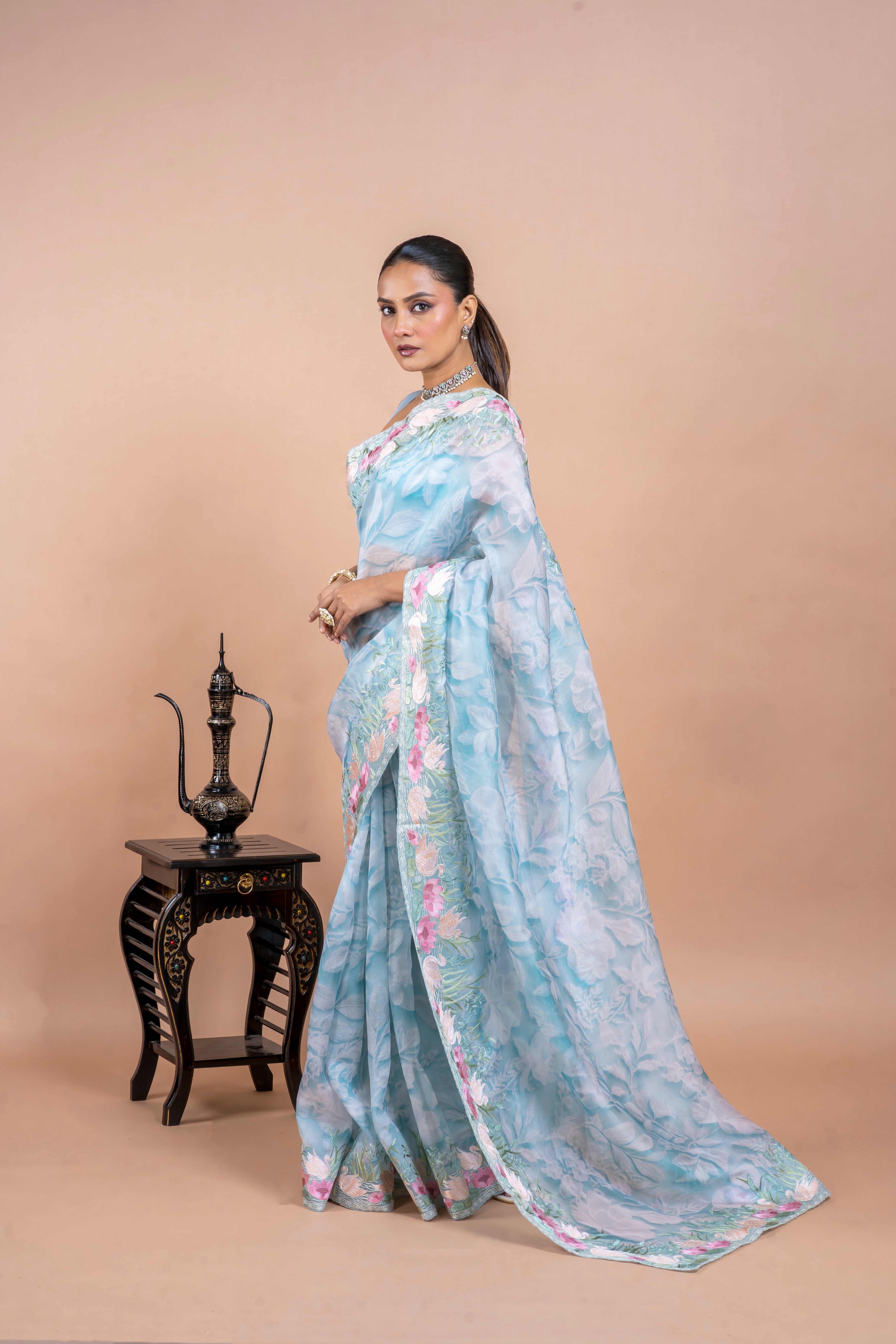 Sea Blue Organza Saree with Printed Body and Zari Border  Mokshaa