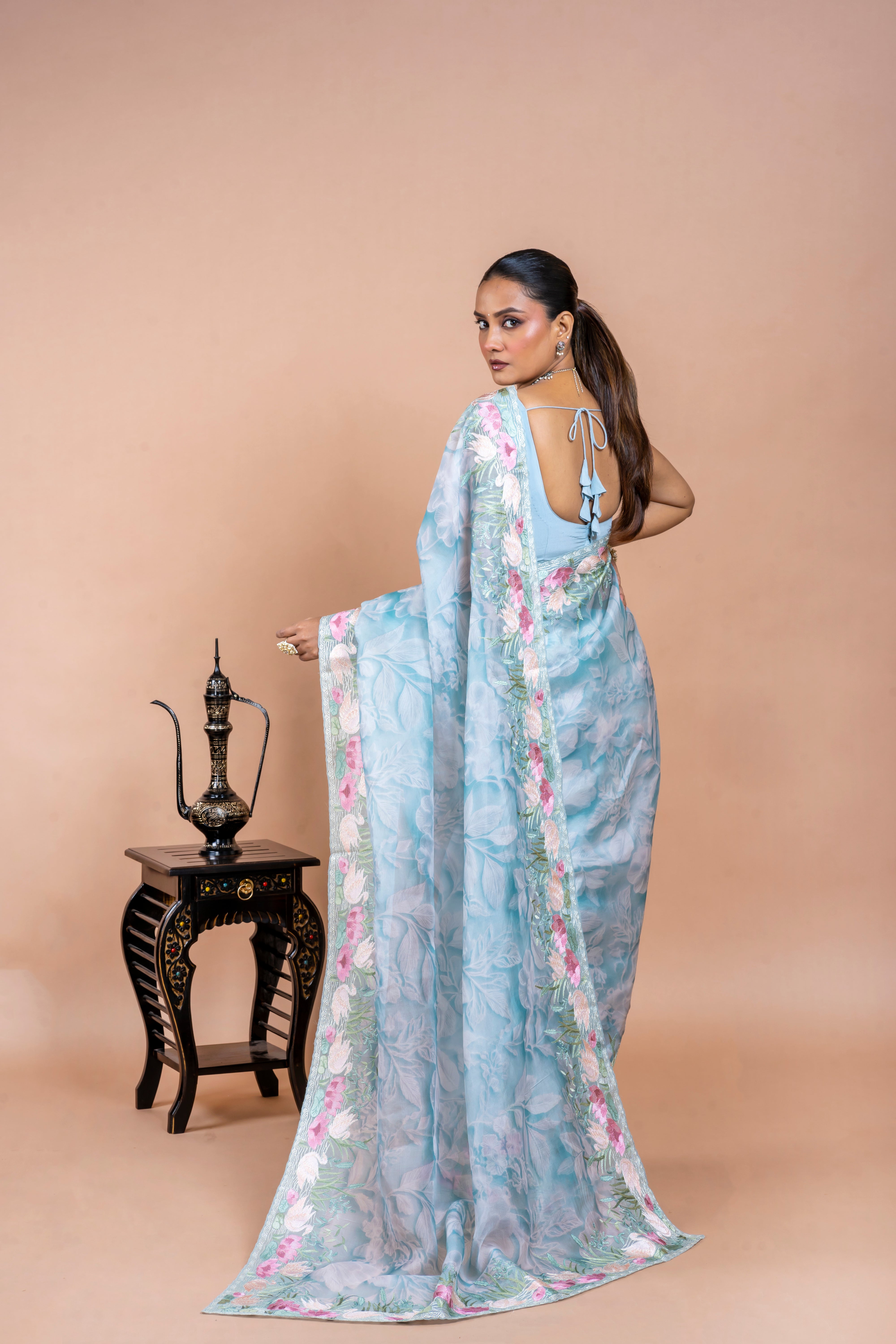 Pista Green Organza Saree with Digital Print and Pearl Work (Copy)  Mokshaa