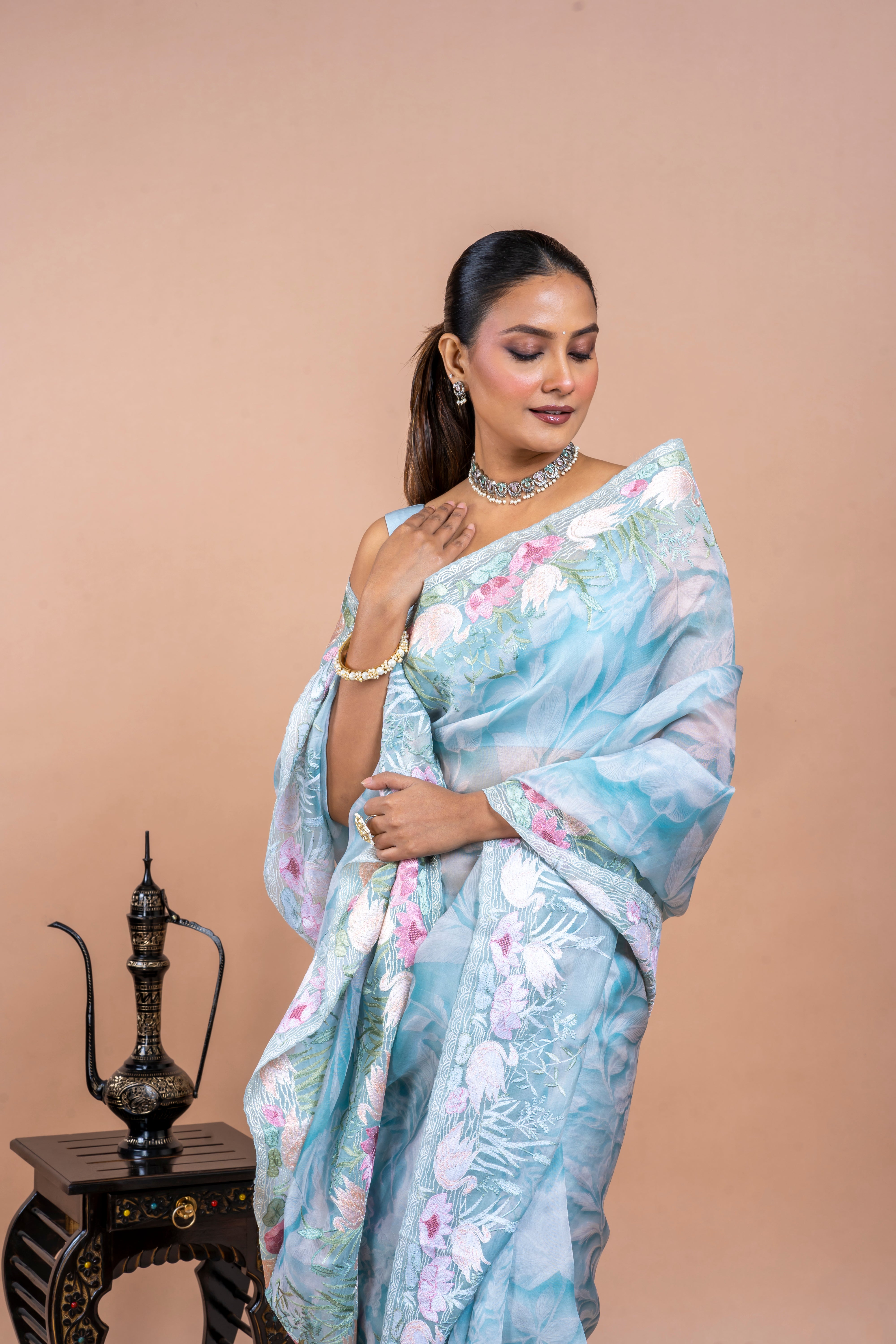 Pista Green Organza Saree with Digital Print and Pearl Work (Copy)  Mokshaa